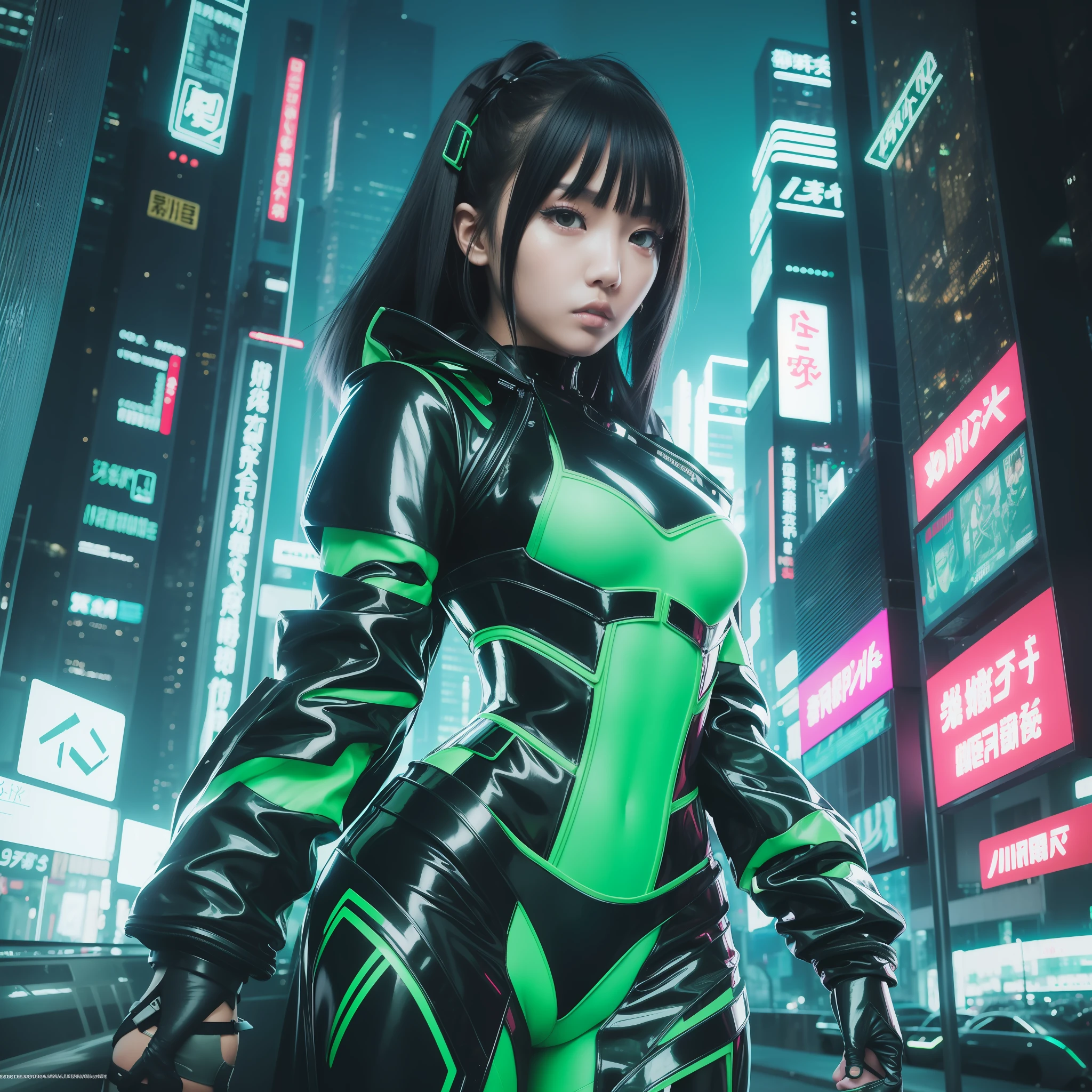 Young Asian woman in shiny futuristic clothes as cyberpunk character in neonninja style, futuristic city. Green neon color, young gravure idol, green and black hair, sensual gravure, sexiness and coolness, provocative look, night, glittering neon, futuristic, concept art, blade runner worldview, painting, illuminated, close-up, detail, sparkling.