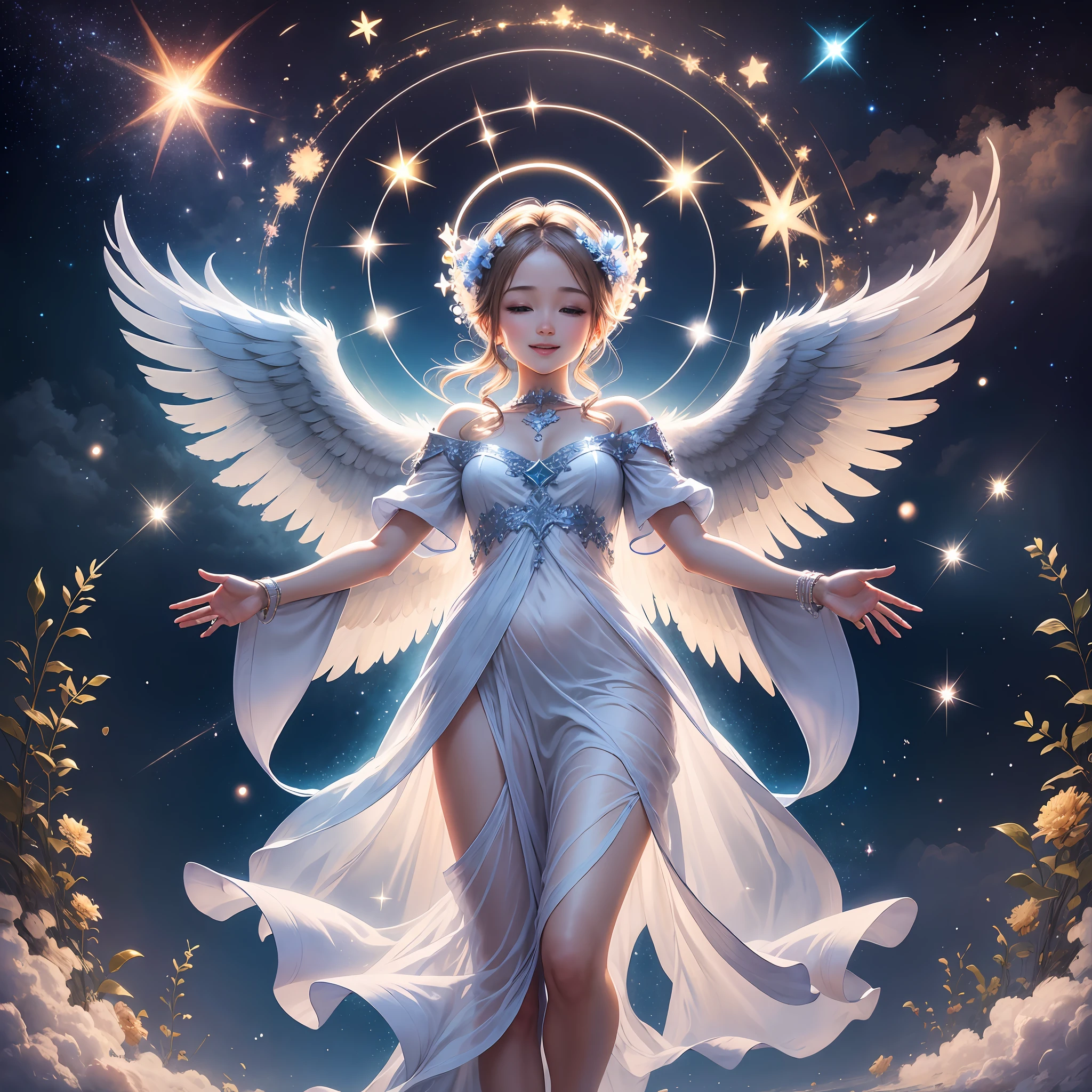 Heavenly bright background, singing, playing angels, shining, twinkling stars, halo, glowing, blue sky, high ground, sublime, gentle smile --auto --s2