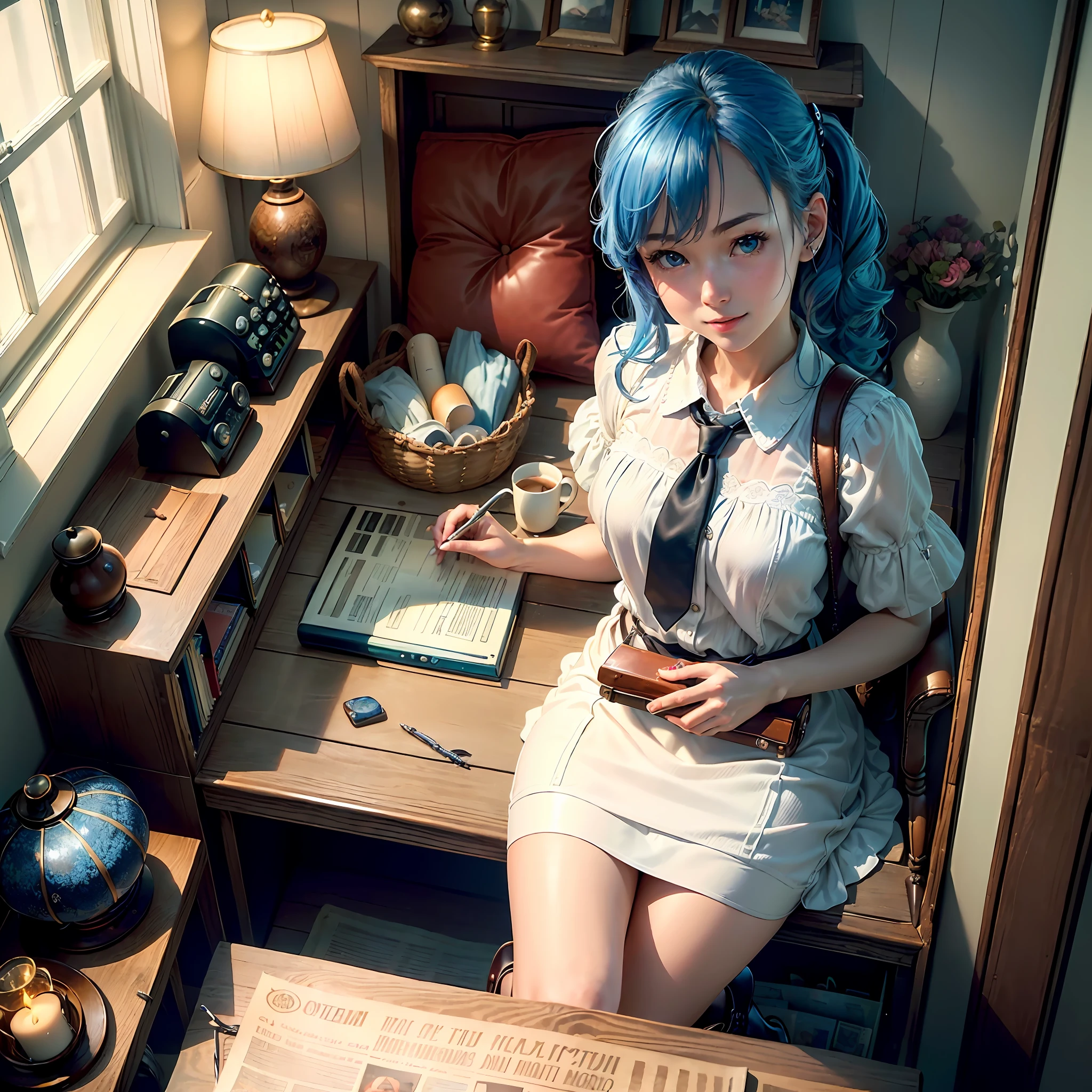 (Masterpiece, highest quality, highest resolution, distinct_image, very elaborate CG, cinematic lighting, ray tracing, drop shadows, detailed detail, (photorealistic: 1.4), high quality textures, fine-grained, realistic face expression): (Girl alone, face is Japan, blue hair, small size breasts, sparkling blue eyes, Eye level shot, happy smile, beauty, slim body, holiday, own room, game console, computer, display, keyboard, mouse, white dress, handgun holder, leather bag, long boots, antique radio, coffee, model train, bookcase, wooden chair, pot, fan, painting, stuffed animal, tie, notebook, stationery, vase, photo frame, letter, fountain pen, calendar, lamp, cushion, basket, mirror, candle, newspaper, sweets, outside the window you can see the park, telephone, fruit, telescope, retro TV)