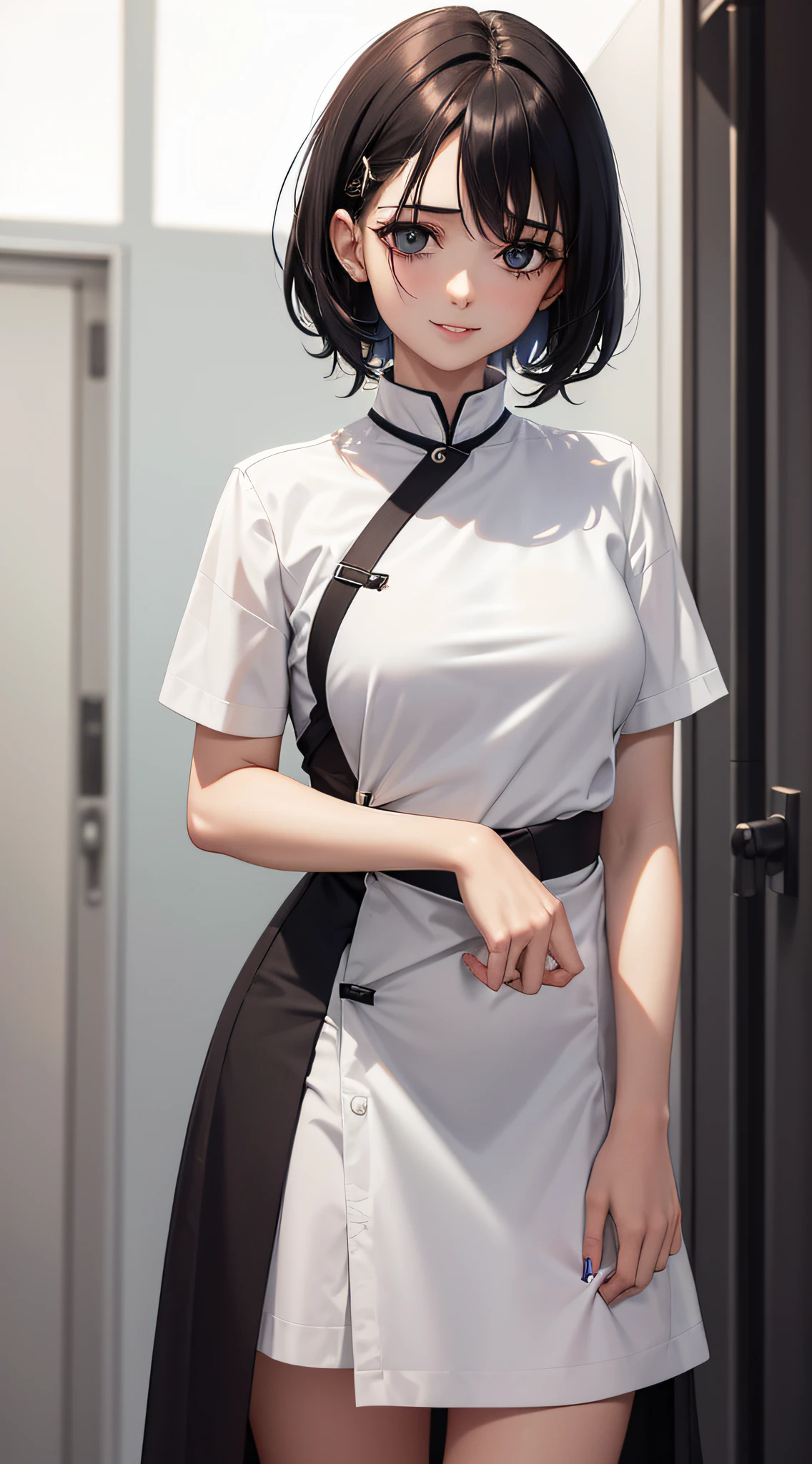 (garota magra), (roupa de hospital), (local isolado), horror, seductive smile, blank eyes, no pupils, black hair, asymmetrical hair, messy hair, short hair, anime, Hyperrealism, pov, masterpiece, textured skin, super detail