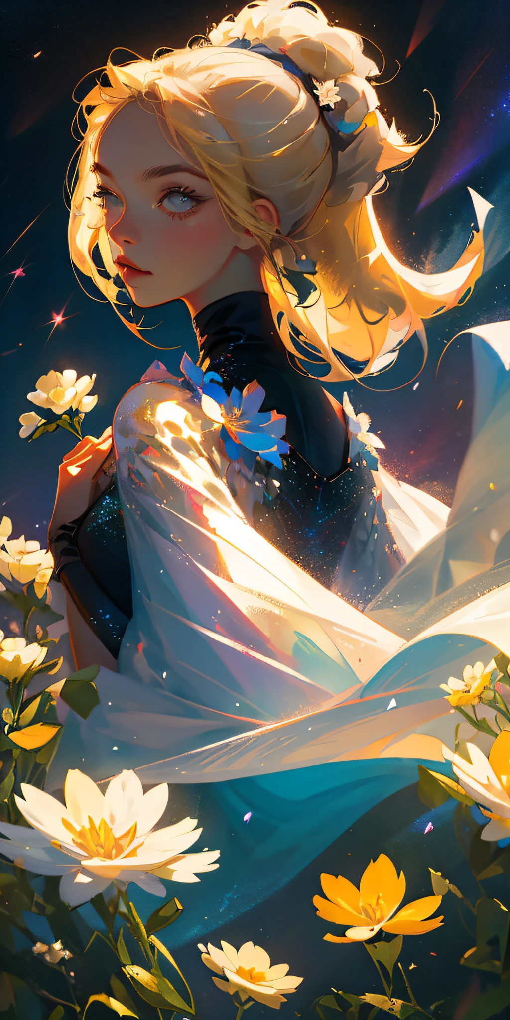 1girl, pose, particles, wind, flower, upper body, simple background, looking at the audience, blonde, milky way,