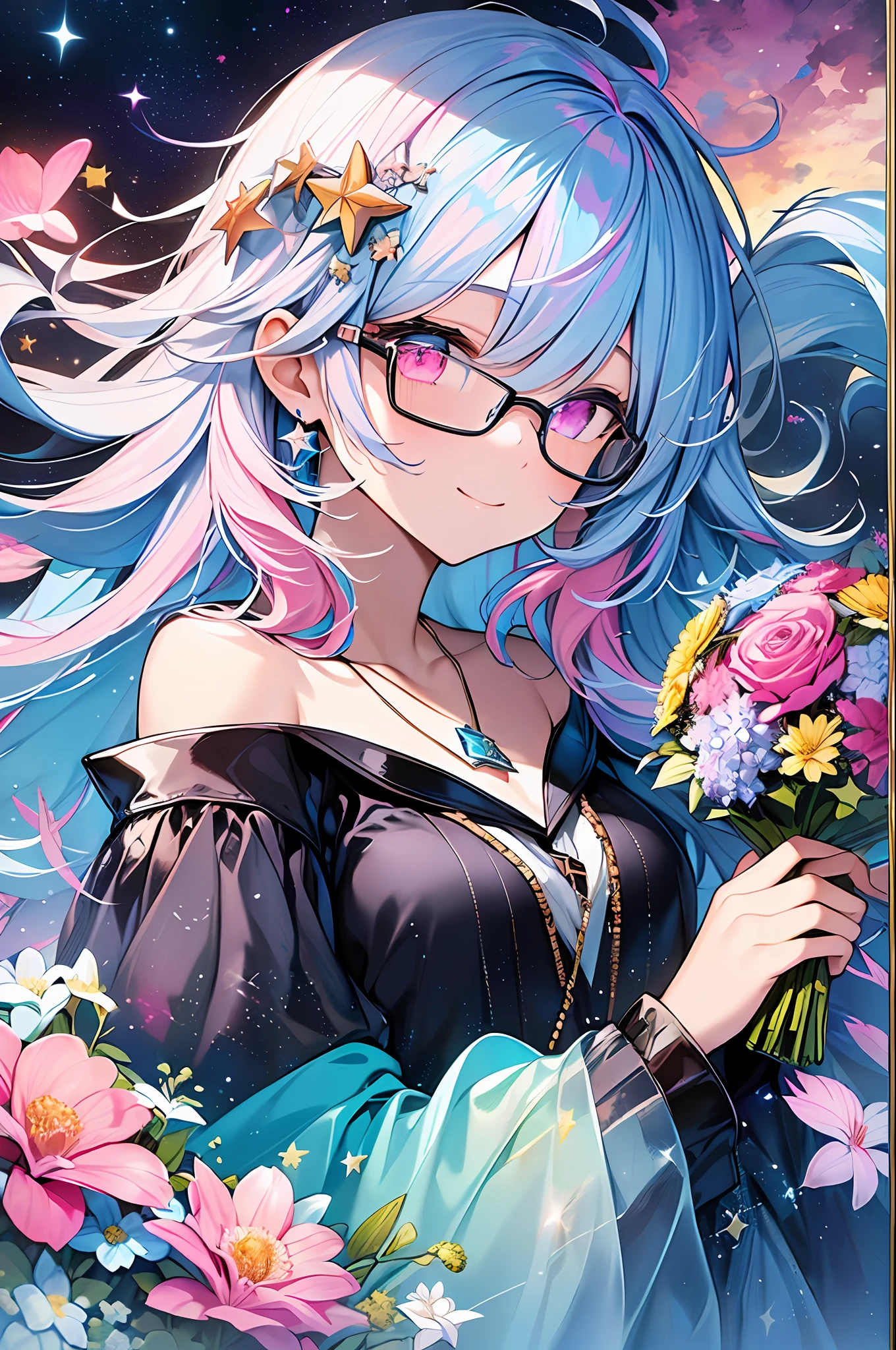 (Masterpiece, Highest Quality, Best Quality, Watercolor Art (Pendant), Official Art, Beautiful and Aesthetic, (1.3), (1 Girl: 1.3), (Fractal Art: 1.3), Full Body, Star-shaped Pupil, , Pattern, ((iridescent hair, colorful hair, half blue and half pink hair: 1.2)), Aqua, Liquid, Cloud, Colorful, Starry Night, Star, Smile, Glasses, Writing, Heterochromia, (Colorful: 1.5), galaxy, looking up at the stars, holding a bouquet of flowers