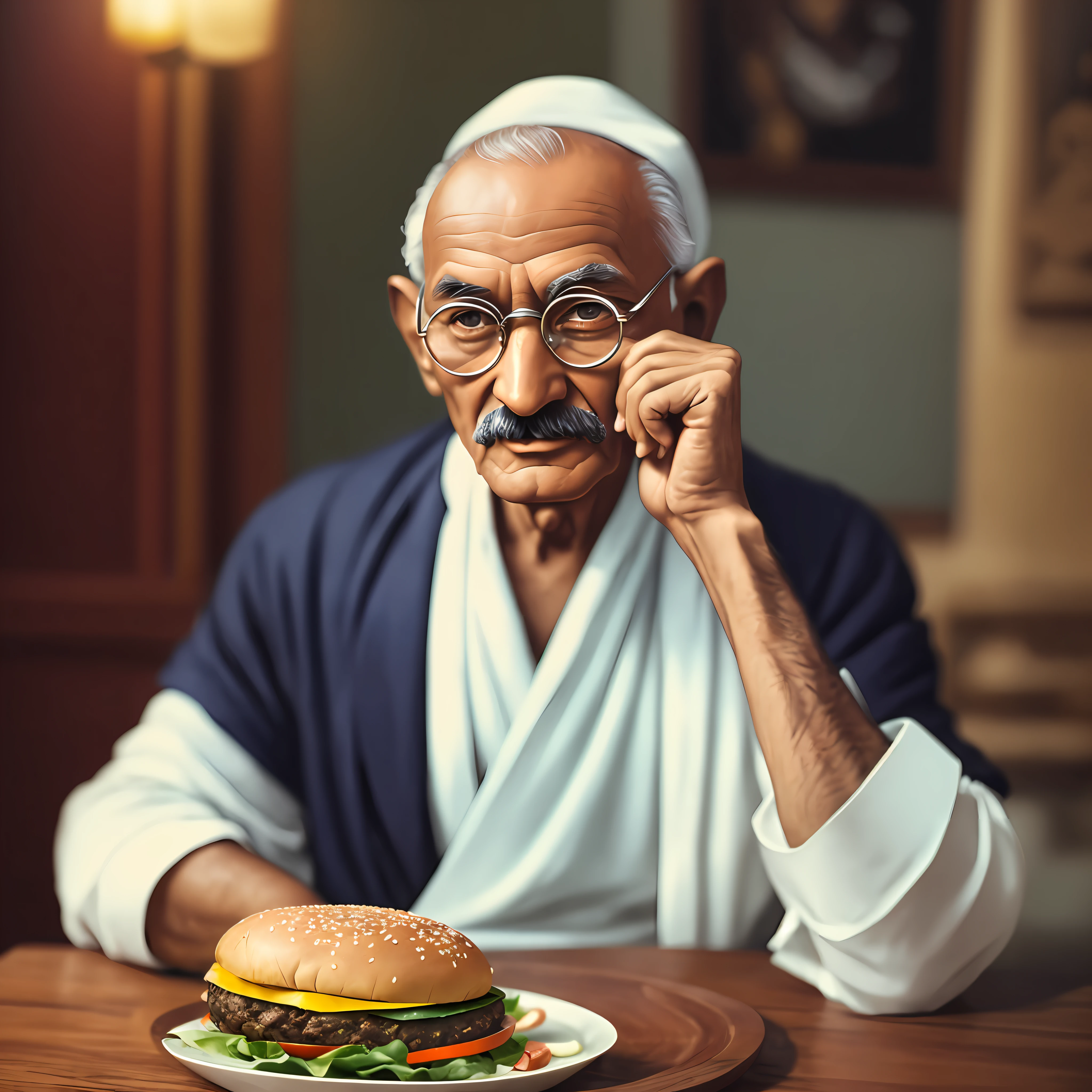 Mahatma Gandhi eating a beef burger, ((fullbody: 1.7)), award-winning photo, ((masterpiece)), detailed face, detailed eyes, color photography, (sharp focus: 1.2), sitting, extremely detailed, intricate, dramatic lighting, moody and melancholic atmosphere, sony a7 iv film stock photography 4 kodak portra 400 camera f1.6 lens rich colors hyper realistic texture, best quality dramatic lighting cinestill 800,  deep shadow, photo, highly detailed, wide-angle lens, depth of field, bokeh, 4K, HDR, absurdists, hyper-realistic, photorealistic, 1950s, ataturk --auto --s2
