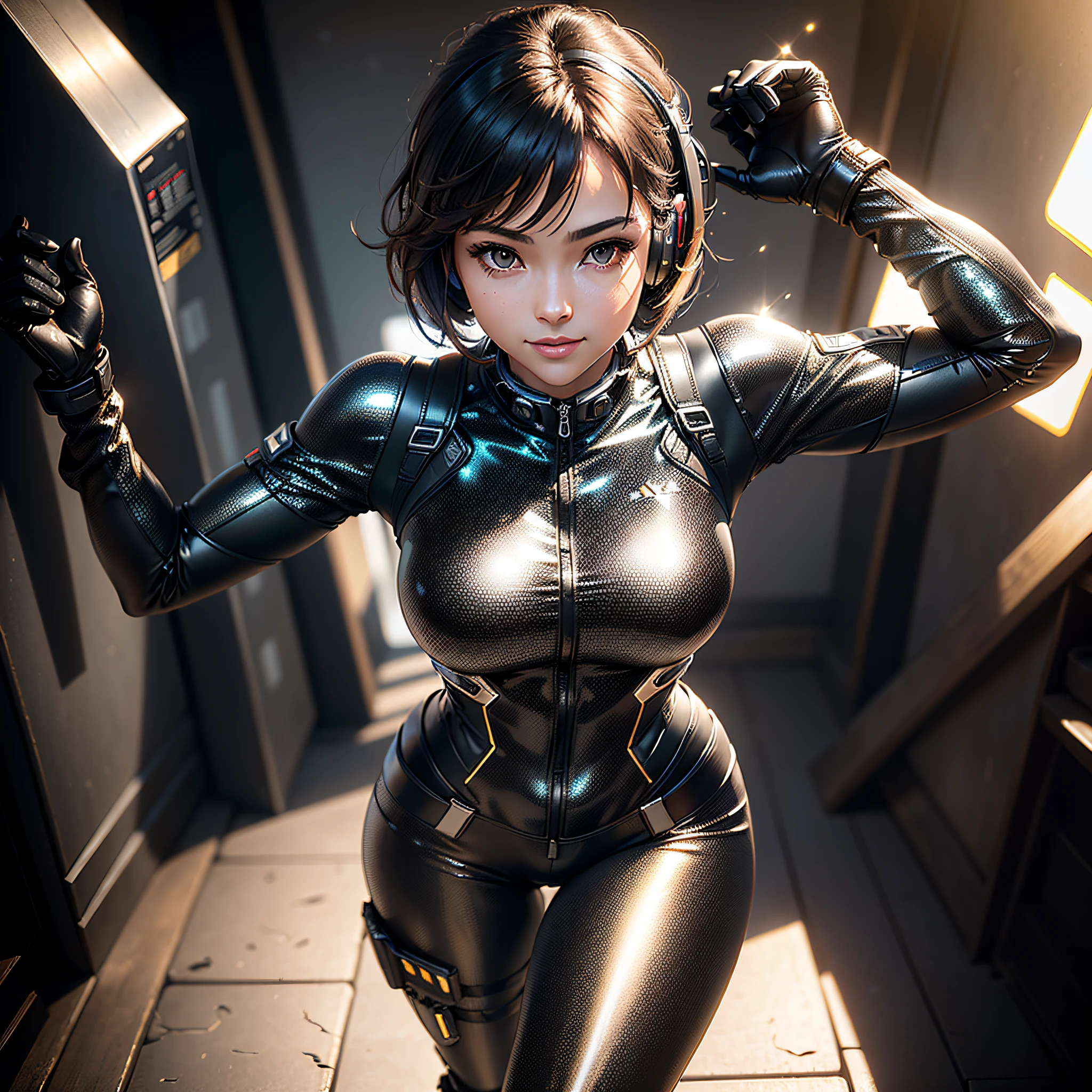 (Masterpiece, Best Quality, Best Resolution, distinct_image, Elaborate CG, Cinematic Lighting, Ray Tracing, Drop Shadows, Detail, (Photorealistic: 1.4), High Quality Textures, Fine-grained, Realistic Look): (Solo, Solo Girl, Japan Face, Brown-haired Girl, Short Hair, Small Breast Size, Glittering Black Eyes, Eye level shot, metallic black pilot suit, tight fit wear, clothes that cover the whole body, light smile, beauty, slim body, exoskeleton, heroine, headset, long boots, gloves)