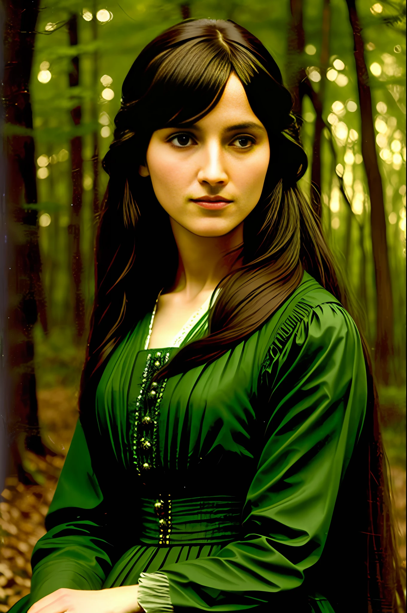 arafed woman with long hair and a green dress in the woods, , art by Abbott Handerson Thayer, fine detail, atmospheric, vivid tones, sharp focus, sharp edges