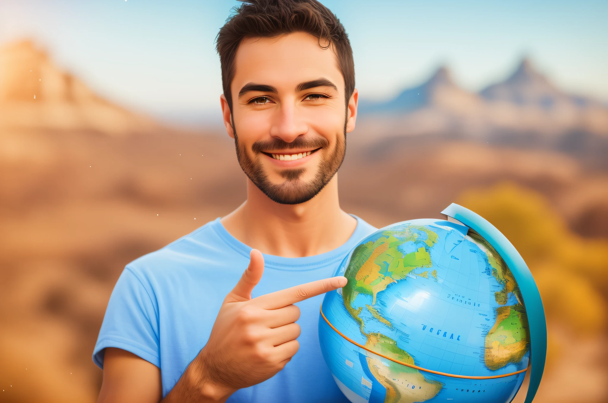 man pointing to a globe with a smile on his face, with the earth, is holding a tiny planet earth, holding a miniature earth, young Italian, tourist destination, beginner, holding a planet, large, attractive and good-looking globe, attractive man, with the earth in the background, by Kurt Roesch, photo taken, cool look