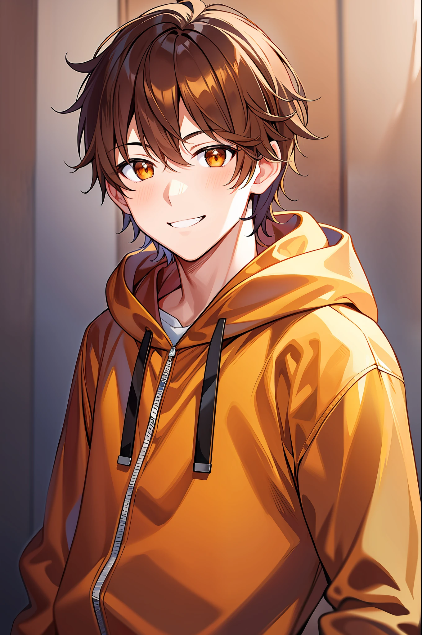 male, man, cute, light blush, smile, brown hair, short hair, orange eyes, orange hoodie, cowboy shot, masterpiece,
