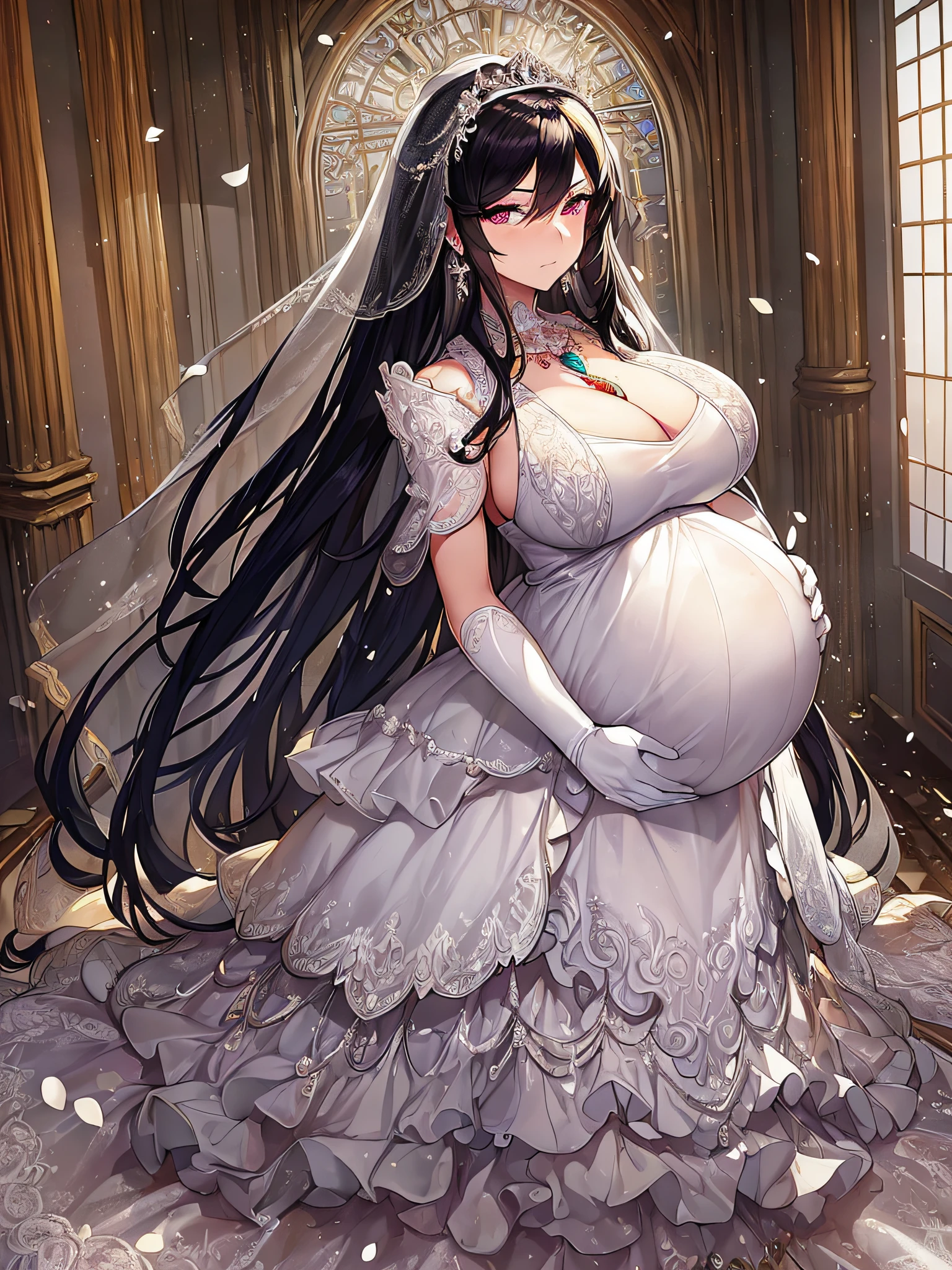 ((anime artstyle)),(Masterpiece), (Best Quality), (Super Detail), Illustration, (((Very Delicate and Beautiful))),Dynamic Angle,Looking at viewer,((((Solo)))),(((Full body))),(((1 arrogant pregnant empress in See-through white wedding dress having a wedding ceremony in a royal palace))),((((heavily pregnant)))),last month of pregnancy,(standing),(((embarrassed))),anguish,Purple eyes,(Sharp eyes),Detailed Face, Long Eyelashes,Jet Black Hair,Straight Hair,((Very Long Hair)),Bangs between eyes, ((((gigantic breasts)))),cleavage,((skindentation)),curvy,See-through,(((fusion of See-through white wedding dress and white rococo ball gown))),(fluffy See-through white wedding dress with gorgeous embroidery),(((hoop skirt))),long skirt,corset,crinoline,long bridal veil,opera gloves,Beautifully Gorgeous jeweled big tiara,Beautifully Gorgeous gem earrings,Beautifully Gorgeous jeweled necklace,Beautifully Gorgeous jeweled ornaments,indoor,white lily flowers, flower petals flowing,Stained glass,light particles,