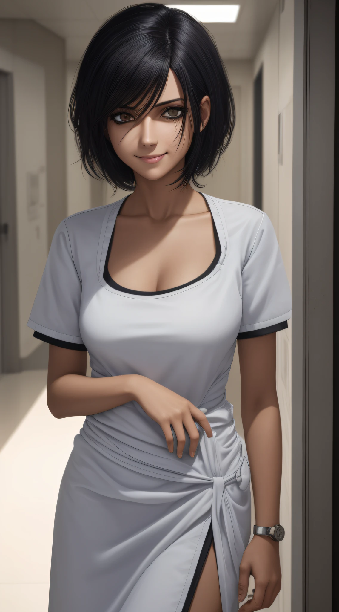 (garota magra), (roupa de hospital), (local isolado), horror, seductive smile, blank eyes, no pupils, black hair, asymmetrical hair, messy hair, short hair, anime, Hyperrealism, pov, masterpiece, textured skin, super detail