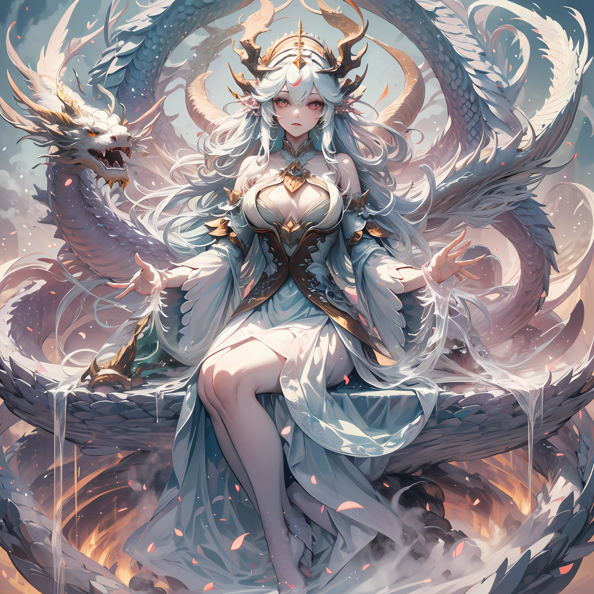 A white divine dragon, a long-bodied dragon, a dragon covered in white scales, and a dragon wrapped around a fairy, a fairy with long flowing hair and delicate facial features, wearing a long skirt with clear and delicate layers, beautiful headdresses, hand and foot ornaments, two pairs of slender jade hands, and two long white legs exposed.