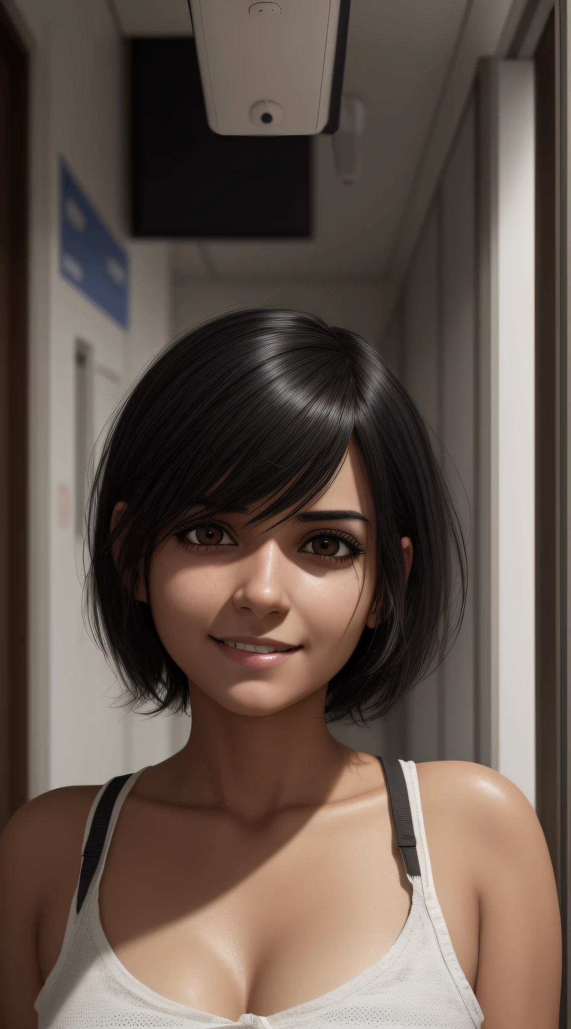 (garota magra), (roupa de hospital), (local isolado), horror, seductive smile, blank eyes, no pupils, black hair, asymmetrical hair, messy hair, short hair, anime, Hyperrealism, pov, masterpiece, textured skin, super detail