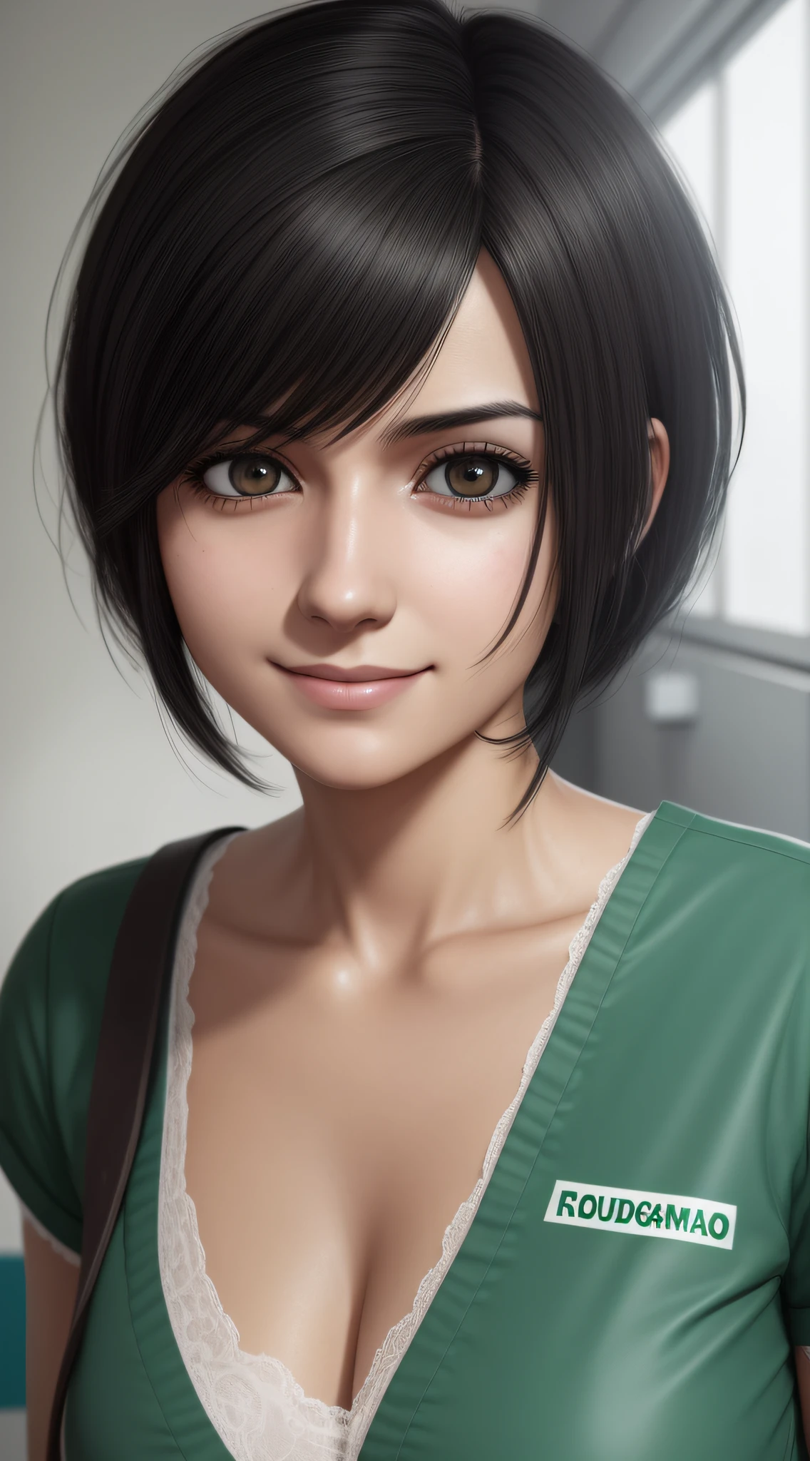 (garota magra), (roupa de hospital), (local isolado), horror, seductive smile, blank eyes, no pupils, black hair, asymmetrical hair, messy hair, short hair, anime, Hyperrealism, pov, masterpiece, textured skin, super detail