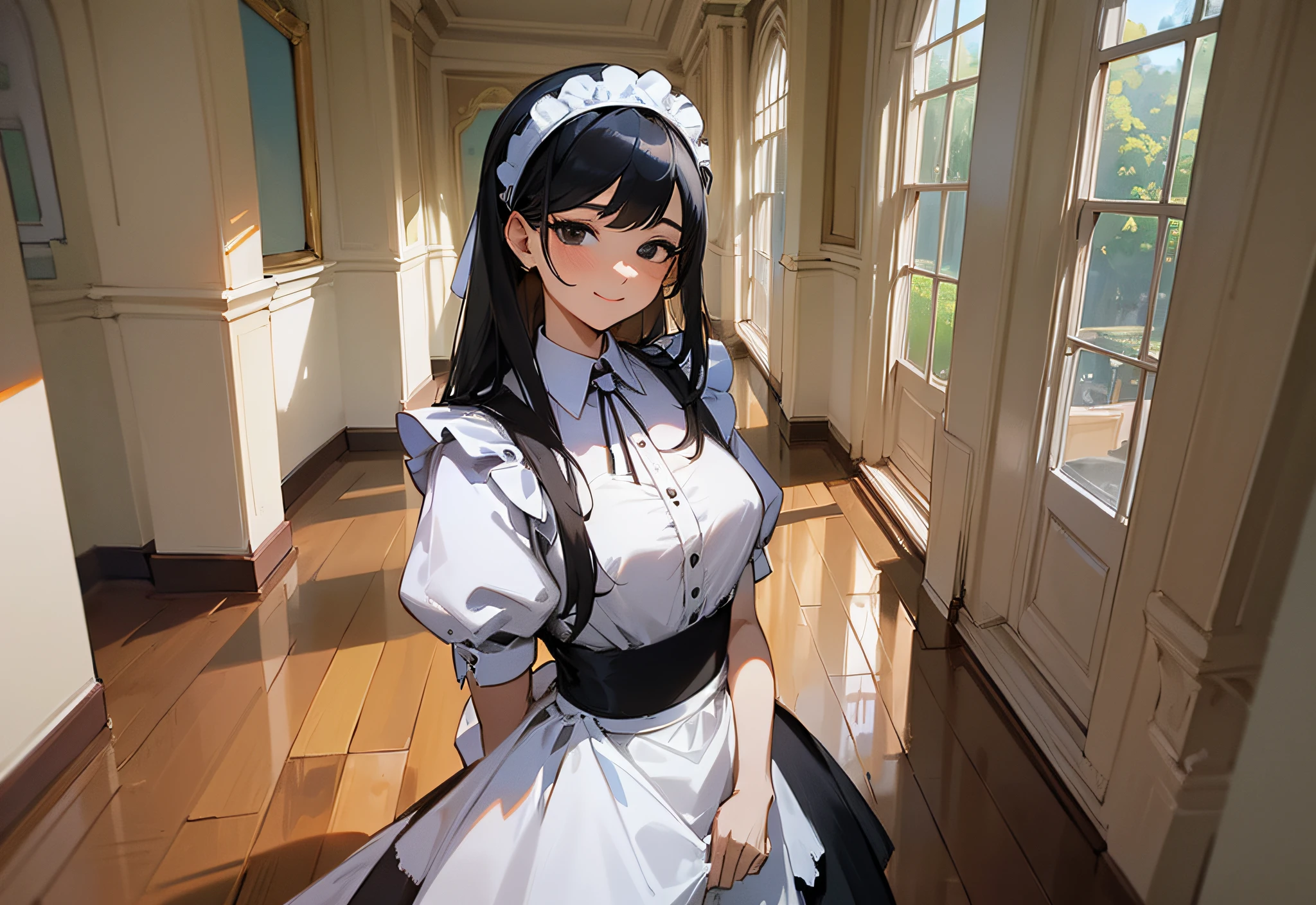 (Best quality, masterpiece), 1 woman, captivating eyes, indoor background, knee shot, modern, calm posture, maid's dress, maid's dress headband, an appropriate skirt length, moping floor, black straight hair, black eyes, soft shadow, large chest, smile, an appropriate length of the chin, twitter header image, Maid Cleaning, Housekeeping Duties --auto --s2