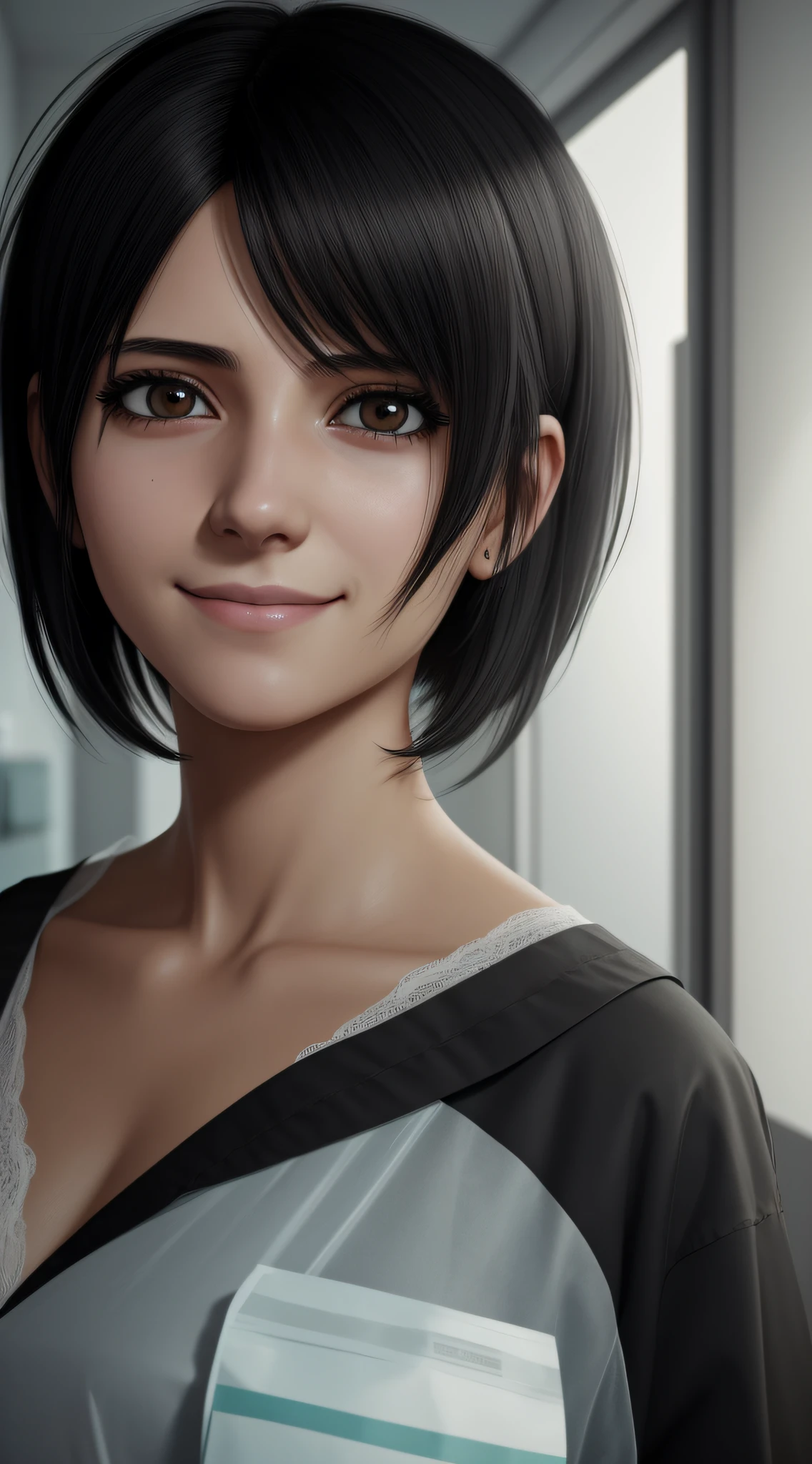 (garota magra), (roupa de hospital), (local isolado), horror, seductive smile, blank eyes, no pupils, black hair, asymmetrical hair, messy hair, short hair, anime, Hyperrealism, pov, masterpiece, textured skin, super detail