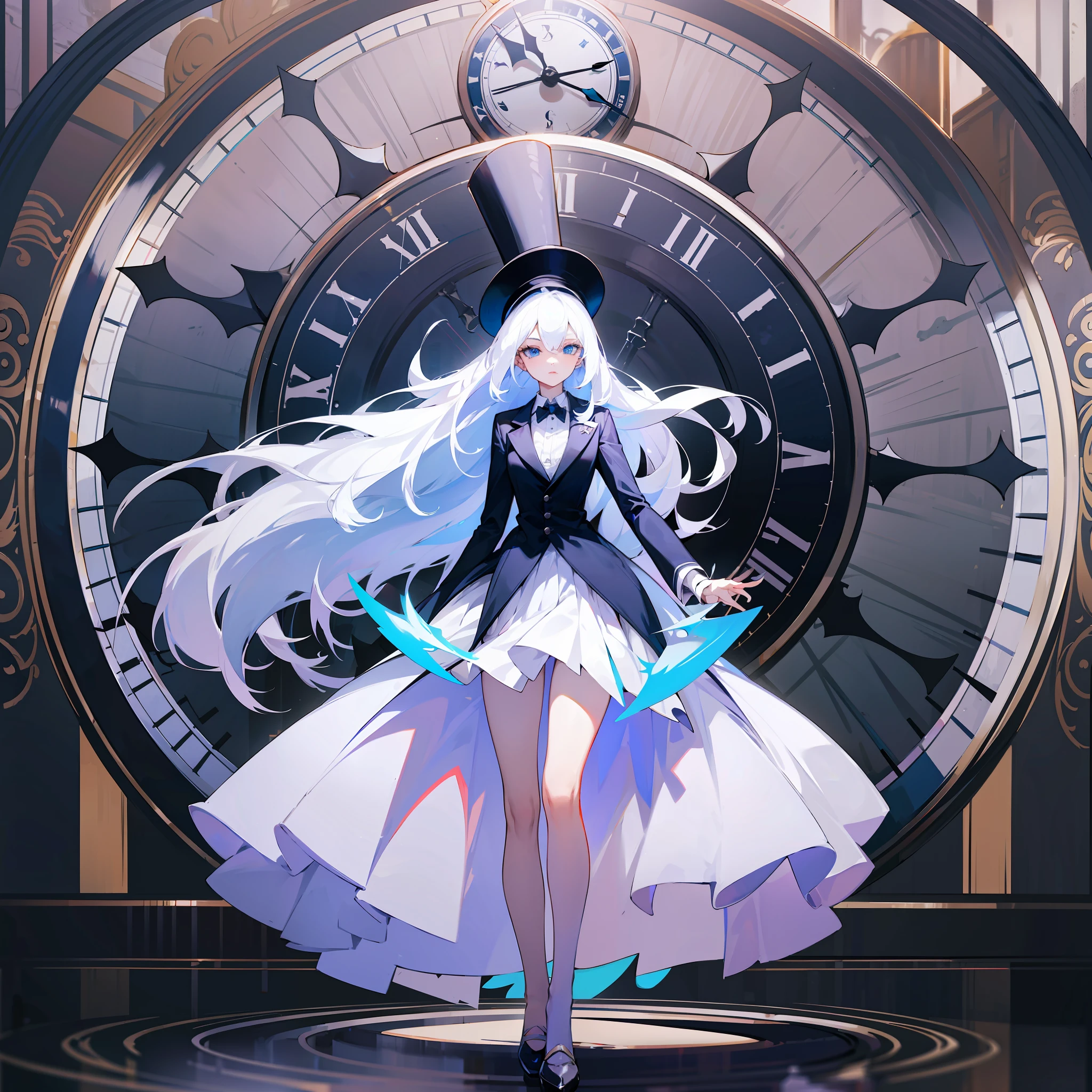 blue eyes, white hair, blue male formal suit, woman, long white hair, top hat, full body, teenage woman, beautiful, a big clock behind, time, clock