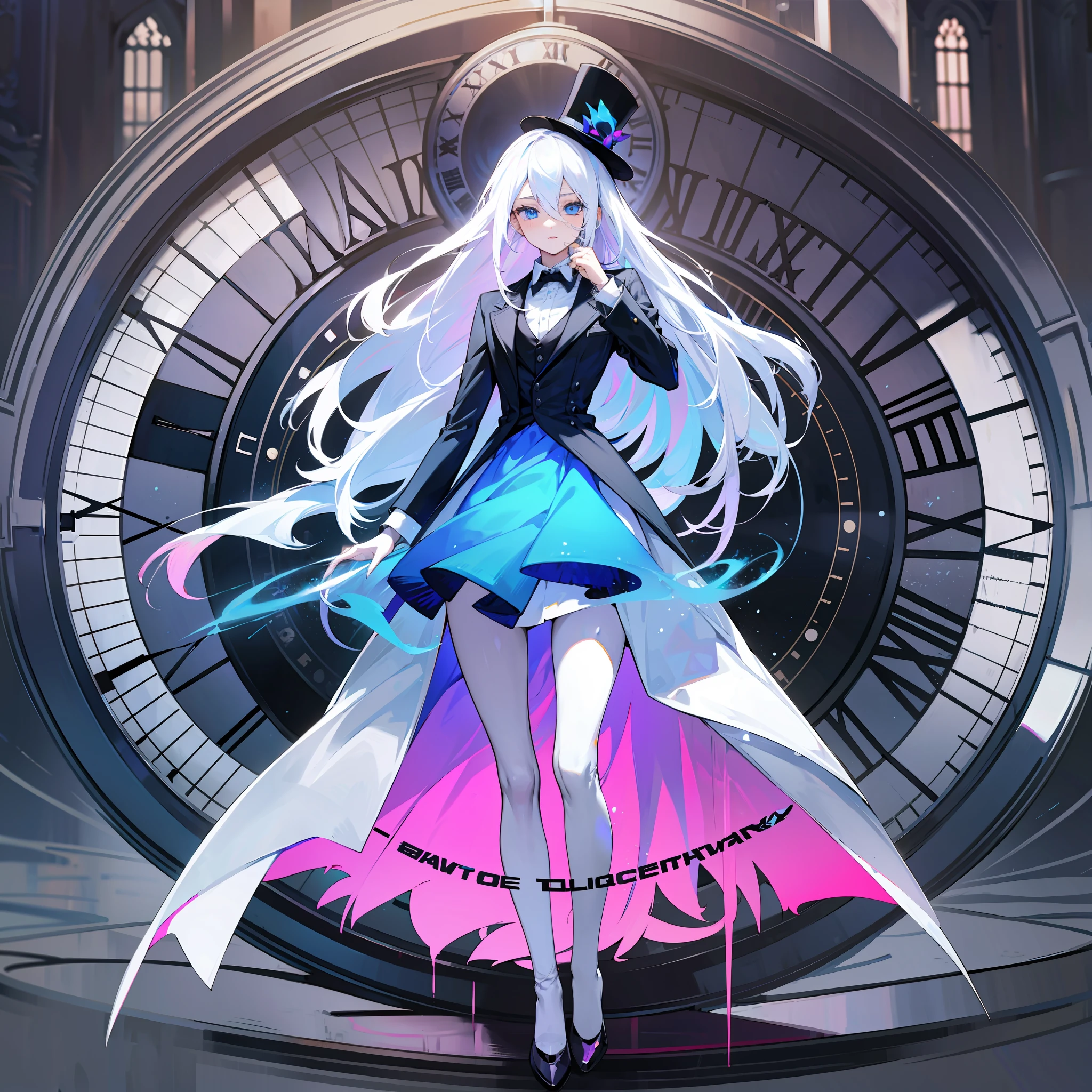 blue eyes, white hair, blue male formal suit, woman, long white hair, top hat, full body, teenage woman, beautiful, a big clock behind, time, clock