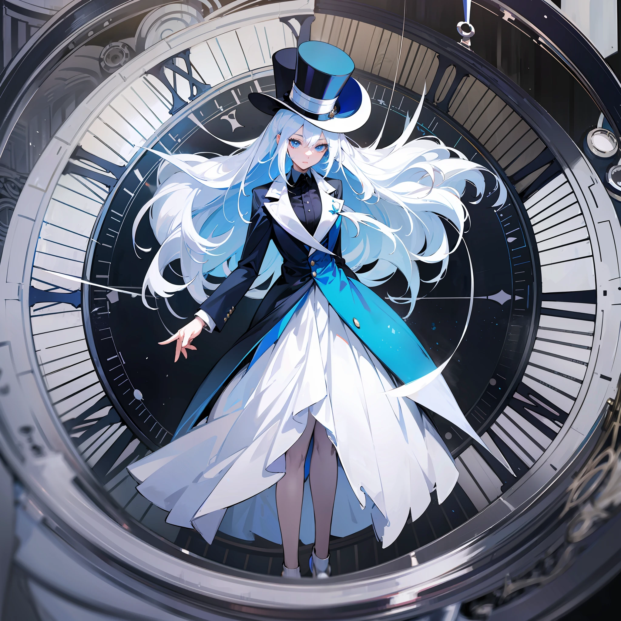 blue eyes, white hair, blue male formal suit, woman, long white hair, top hat, full body, teenage woman, beautiful, a big clock behind, time, clock