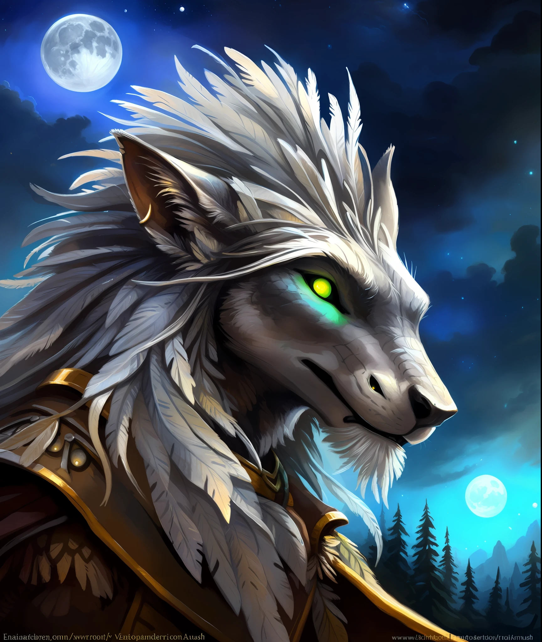 (12k, Best Quality, Masterpiece), Epic and Beatiful Portrait of a Anthro gray lizard druid shaman mage, male, (((Majestic Silver))), sharp claws, feathers, long moon hairs, epic Shining Mane, glowing eyes, Mighty Heroic Character, Kenket, Zaush, trending on Artstation, Posted on E621, The Great Sanctuary in the Background