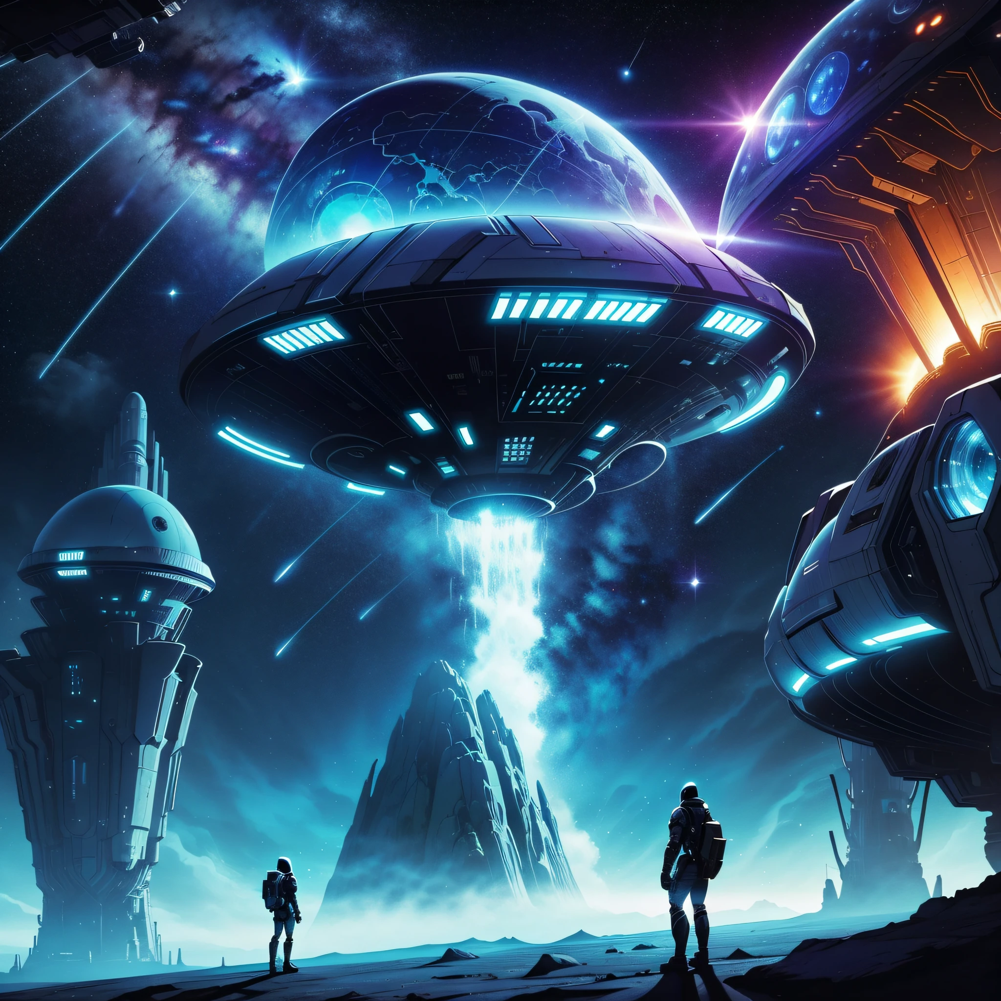 Space Comic Setting, Space Environments, Space Exploration, Futuristic Elements, Cosmic Colors, Astrophysical Details, Extraterrestrial Creatures, Atmosphere of Solitude, Futuristic Technology, Space Architecture, Adventure and Mystery