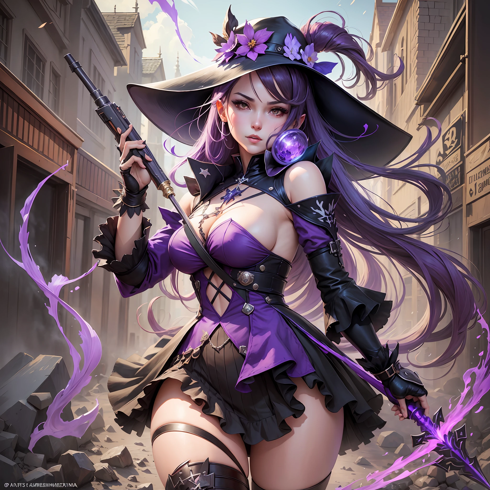 A woman in purple witch hat and purple dress with black and white details holding a purple wand, Impacto Ayaka Genshin, fazer videogame Azur Lane, Cushart Krenz Key Art Feminino, Sombreamento Cool, Keqing por Genshin Impact, de Senior Character Artist, de Bravely Default II, Genshin, GranBlue Fantasia, de Girls Frontline, Artgerm extremamente detalhado --auto --s2