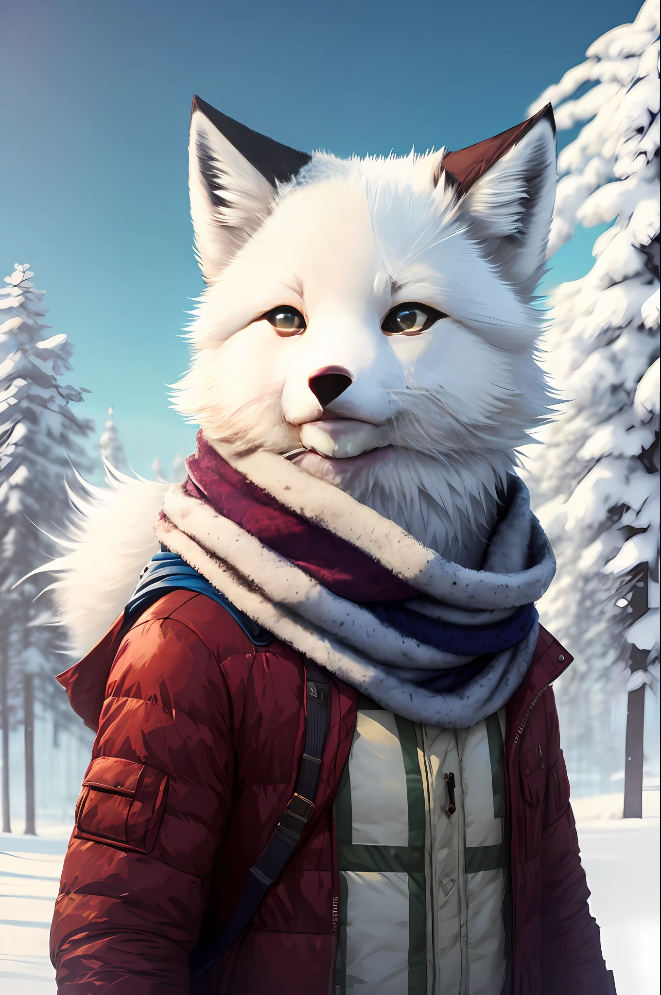 Style-NebMagic, portrait of Ismail Inceoglu, Gazelli, James jean, Anton Fadeev and Yoshitaka Amano, a fluffy cute Arctic fox wearing a Style-SylvaMagic scarf in the snow, very detailed, 8k resolution, digital art, trending on artstation, Vibrant Colours, Chibi style, masterpiece, adorable friendly lovely