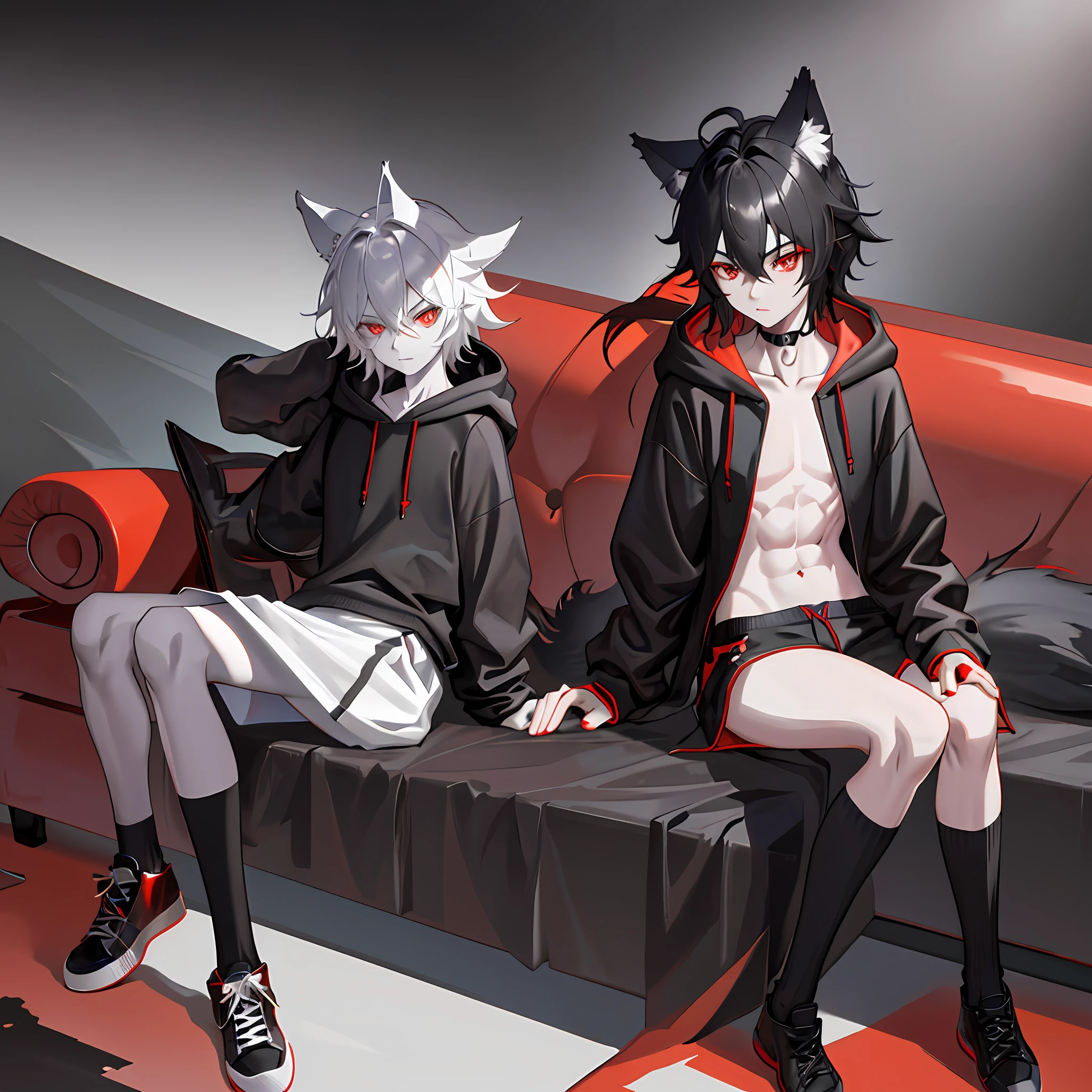 1boy, toned, sharp big wolf ears, wolf tail, big black messy hair, wide extremely vibrant red eyes, HD, masterpiece, vibrant, black converse shoes, slim dark crop top hoodie, full body view, black thigh socks, sitting on couch