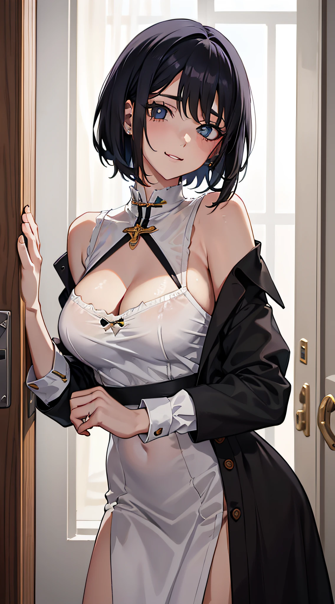 (garota magra), (roupa de hospital), (local isolado), horror, seductive smile, blank eyes, no pupils, black hair, asymmetrical hair, messy hair, short hair, anime, Hyperrealism, pov, masterpiece, textured skin, super detail