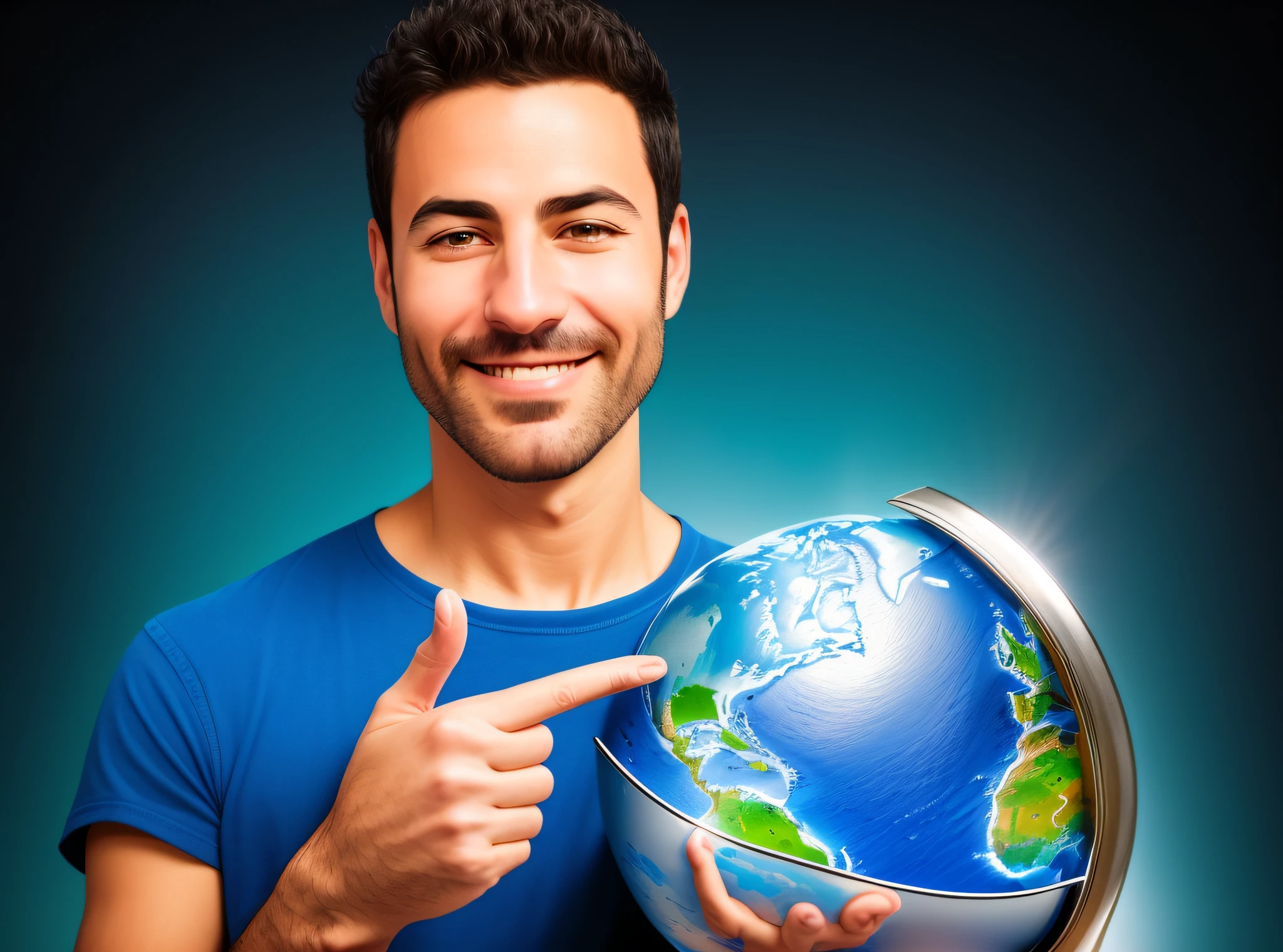 arafed man pointing at a globe with a smile on his face, with earth, by Kurt Roesch, by Jakob Gauermann, is holding a tiny planet earth, by Juan O'Gorman, by Luis Miranda, by Armin Hansen, holding a miniature earth, illustartion, shutterstock, by derek zabrocki, good proportions, no background