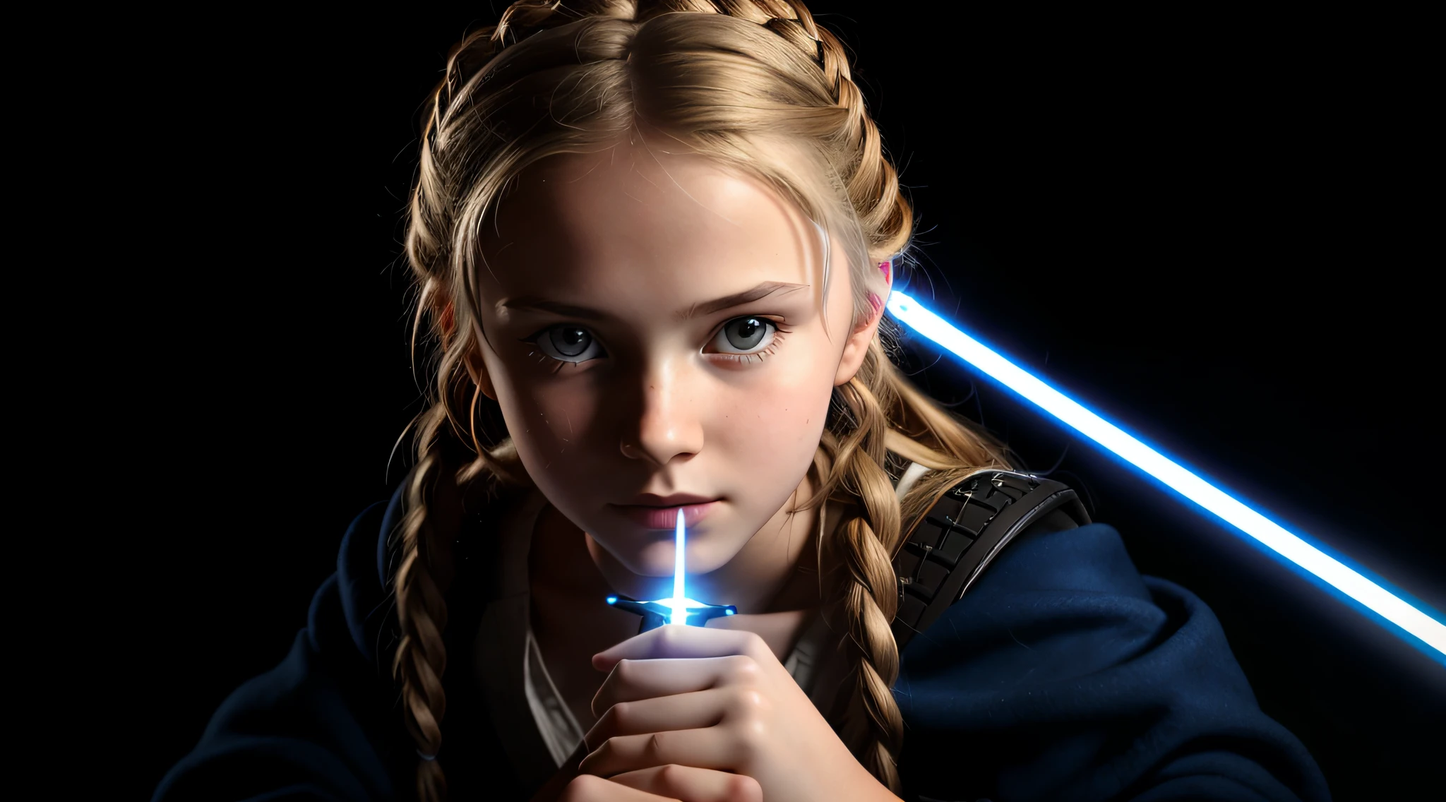 RUSSIAN CHILD GIRL WITH 10 YEARS, WITH LONG STRAIGHT BLONDE HAIR WITH BRAIDS, PORTRAIT STYLE, A closeup, holding two Lightabents in her hands, wallpaper Cal Kestis LightSaber, with lightsaber sword, Jedi with lightsaber, holding a blue lightsaber, with lightsaber, holding a 4K lightsaber, holding a Lightabre. Splash Art, HD Star Wars Photo, Jedi Knight, Blue Lightsaber, Holding Laser Swords