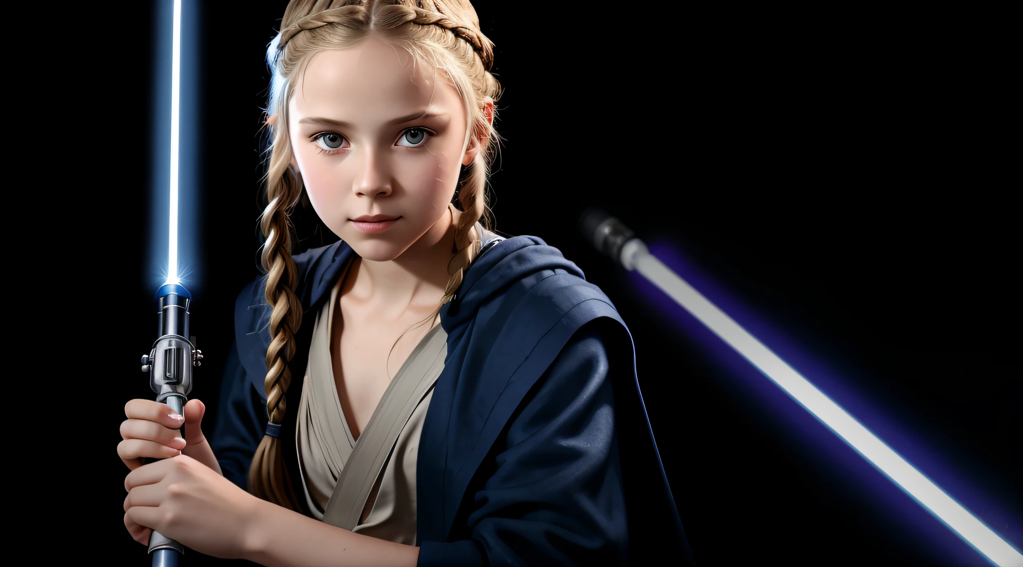 RUSSIAN CHILD GIRL WITH 10 YEARS, WITH LONG STRAIGHT BLONDE HAIR WITH BRAIDS, PORTRAIT STYLE, A closeup, holding two Lightabents in her hands, wallpaper Cal Kestis LightSaber, with lightsaber sword, Jedi with lightsaber, holding a blue lightsaber, with lightsaber, holding a 4K lightsaber, holding a Lightabre. Splash Art, HD Star Wars Photo, Jedi Knight, Blue Lightsaber, Holding Laser Swords