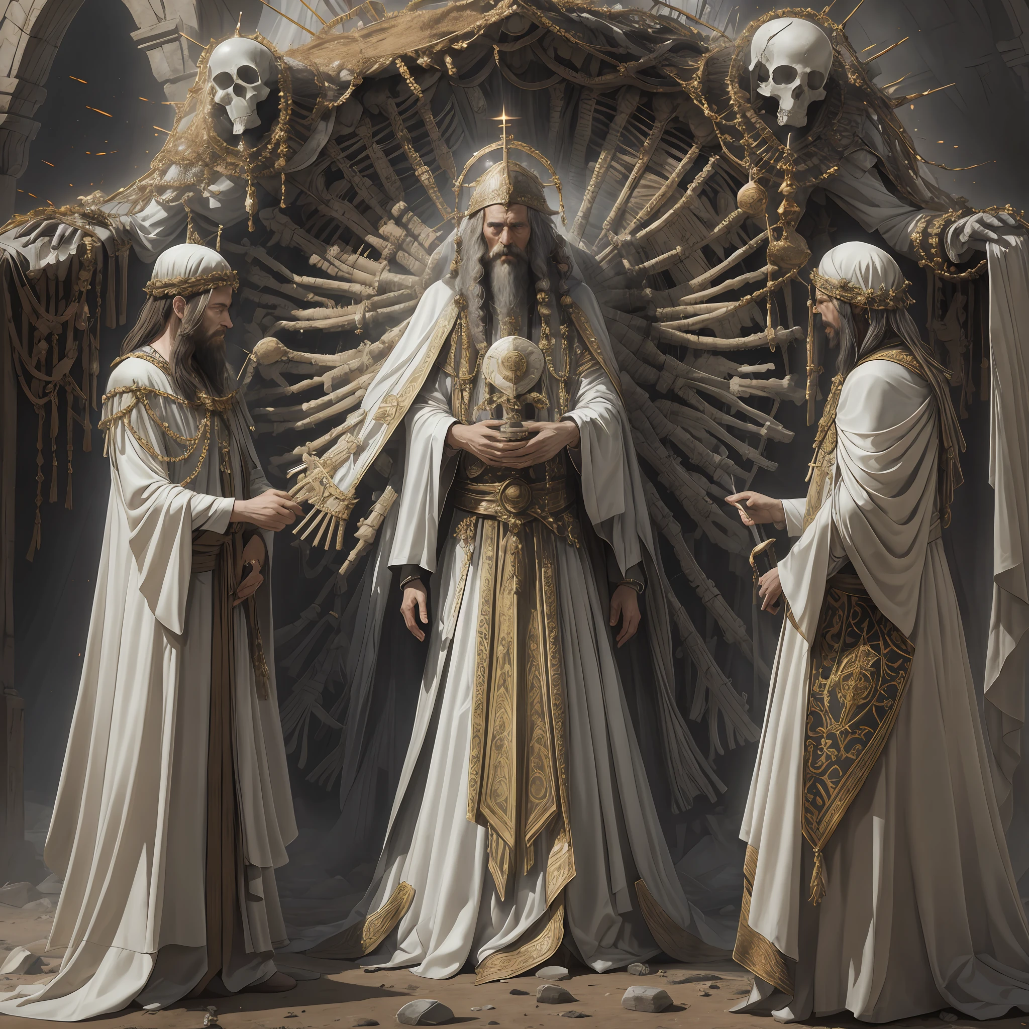 Prophesy to these bones and say to them: Dry bones, hear the word of the Lord! 5 Thus says the Sovereign, the Lord, to these bones: I will make a spirit enter into you, and you will have life. 6 I will put sinews on you, and I will make flesh appear upon you, and I will cover you with skin; I will put a spirit in you, and you will have life. Then you will know that I am the Lord."

7 And I prophesied according to the command received. As he prophesied, there was a noise, a rattling sound, and the bones came together, bone to bone. 8 I looked, and the bones were covered with sinews and flesh, and then with skin; But there was no spirit in them.

9 Then he said to me, "Prophesy to the spirit; prophesy, son of man, and say unto him, Thus saith the Sovereign, the Lord, Come from the four winds, O spirit, and breathe into these dead, that they may live." 10 I prophesied according to the command received, and the spirit entered into them; They were given life and put themselves on their feet. It was a huge army!

11 Then he said to me, "Son of man, these bones are the whole nation of Israel. They say, 'Our bones have dried up and our hope has faded; we were exterminated.' 12 Therefore prophesy and say unto them, Thus saith the Sovereign, the Lord, O my people, I will open their graves and bring them out; I will bring you back to the land of Israel. 13 And when I open their graves and make them go out, you, my people, will know that I am the LORD. 14 I will put my Spirit in you and you will live, and I will establish you in your own land. Then you will know that I, the Lord, have spoken, and I have done. Word of the Lord. Cinematic shot in canon 5d ultra realistic skin,, fantasy magical horror atmosphere, (highly detailed environment:1.3), sharp focus, volumetric mist, 8k UHD, DSLR, high quality, film grain, very high quality RAW photography, detailed background, intricate, Phase One 36mm, 16 k.