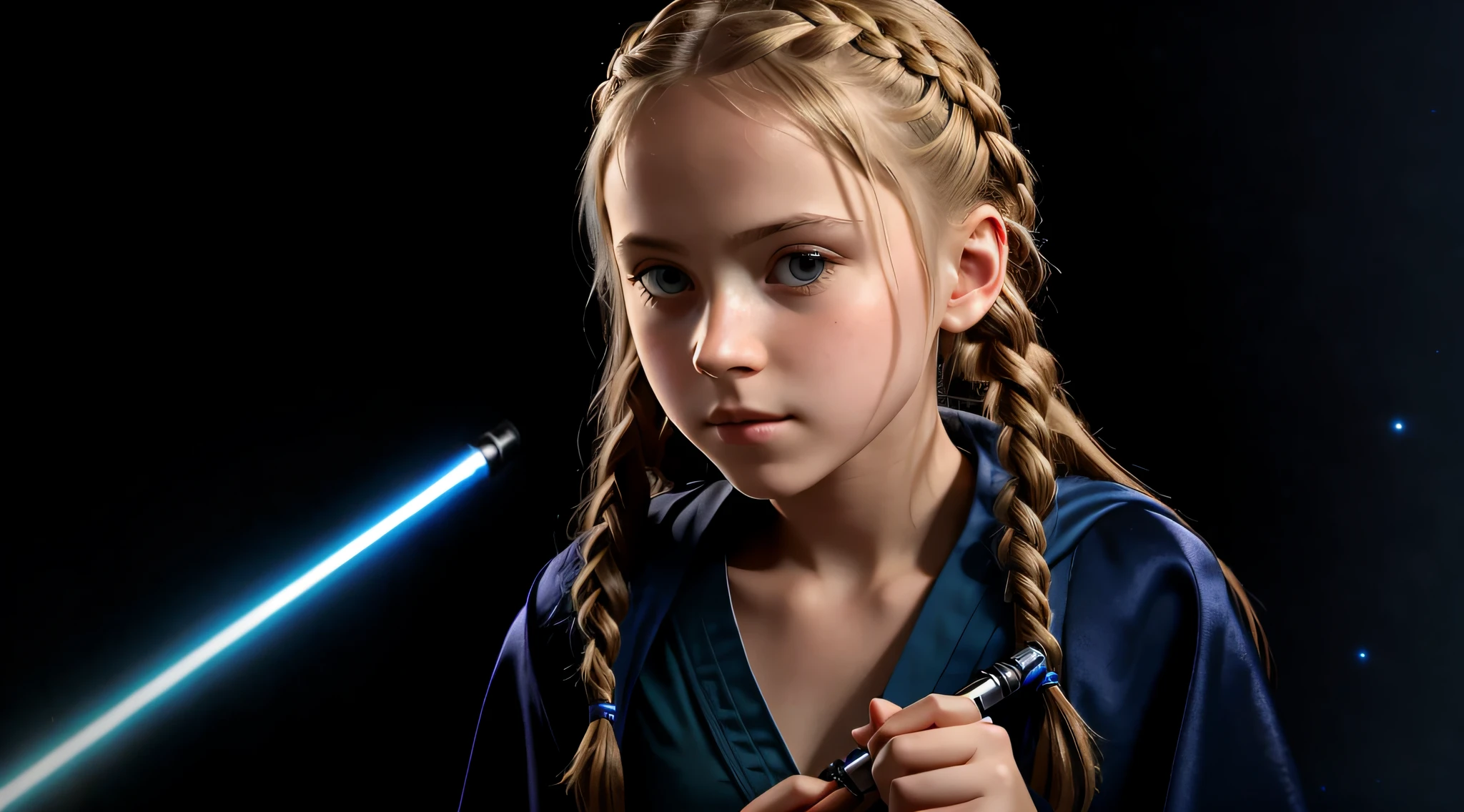 RUSSIAN GIRL , WITH LONG STRAIGHT BLONDE HAIR WITH BRAIDS, PORTRAIT STYLE, A closeup, holding two Lightabents in her hands, LightSaber wallpaper, with lightsaber sword, Jedi with lightsaber, holding a blue lightsaber, with lightsaber, holding a 4K lightsaber, holding a Lightabre. Splash Art, HD Star Wars Photo, Jedi Knight, Blue Lightsaber, Holding Laser Swords