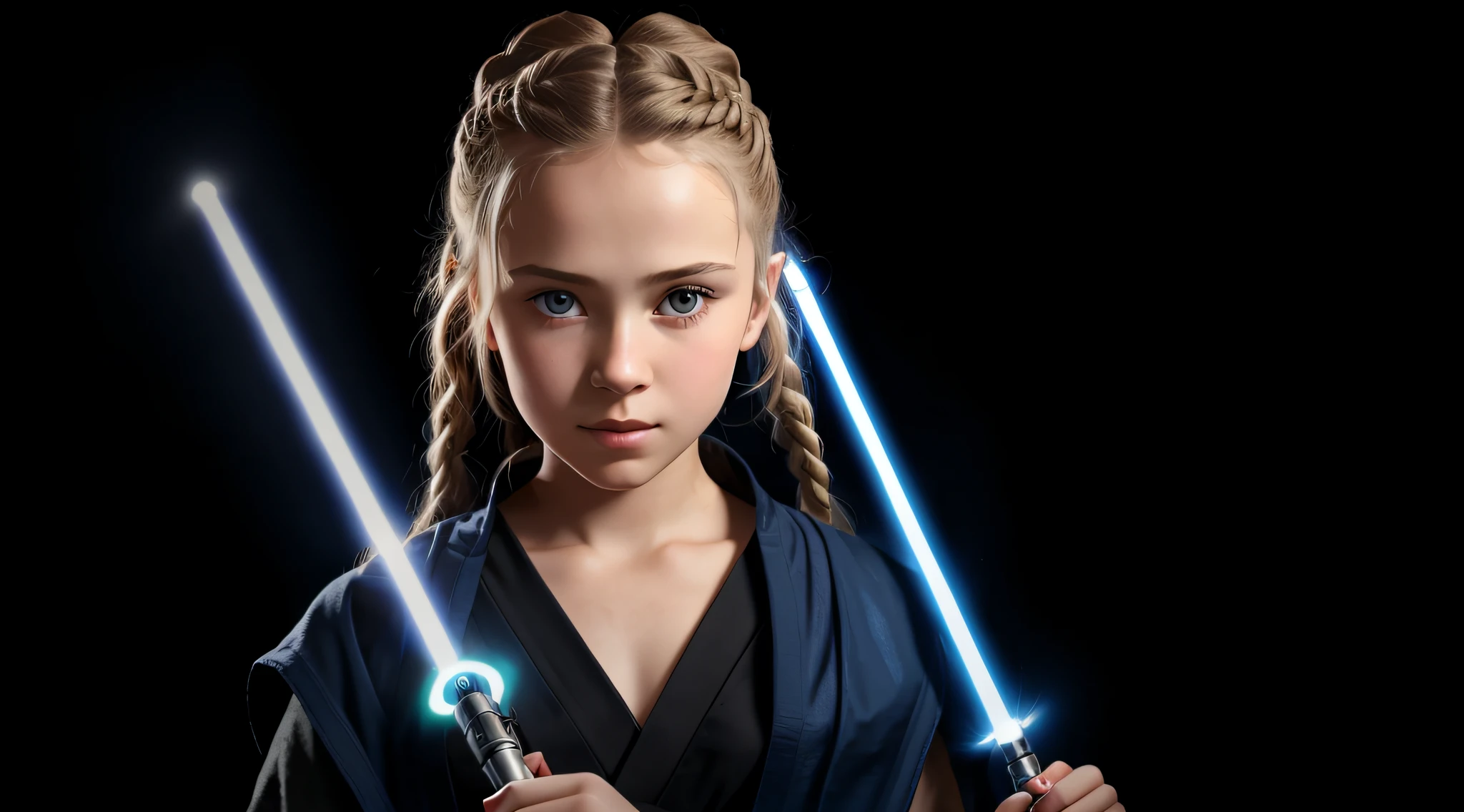 RUSSIAN GIRL , WITH LONG STRAIGHT BLONDE HAIR WITH BRAIDS, PORTRAIT STYLE, A closeup, holding two Lightabents in her hands, LightSaber wallpaper, with lightsaber sword, Jedi with lightsaber, holding a blue lightsaber, with lightsaber, holding a 4K lightsaber, holding a Lightabre. Splash Art, HD Star Wars Photo, Jedi Knight, Blue Lightsaber, Holding Laser Swords