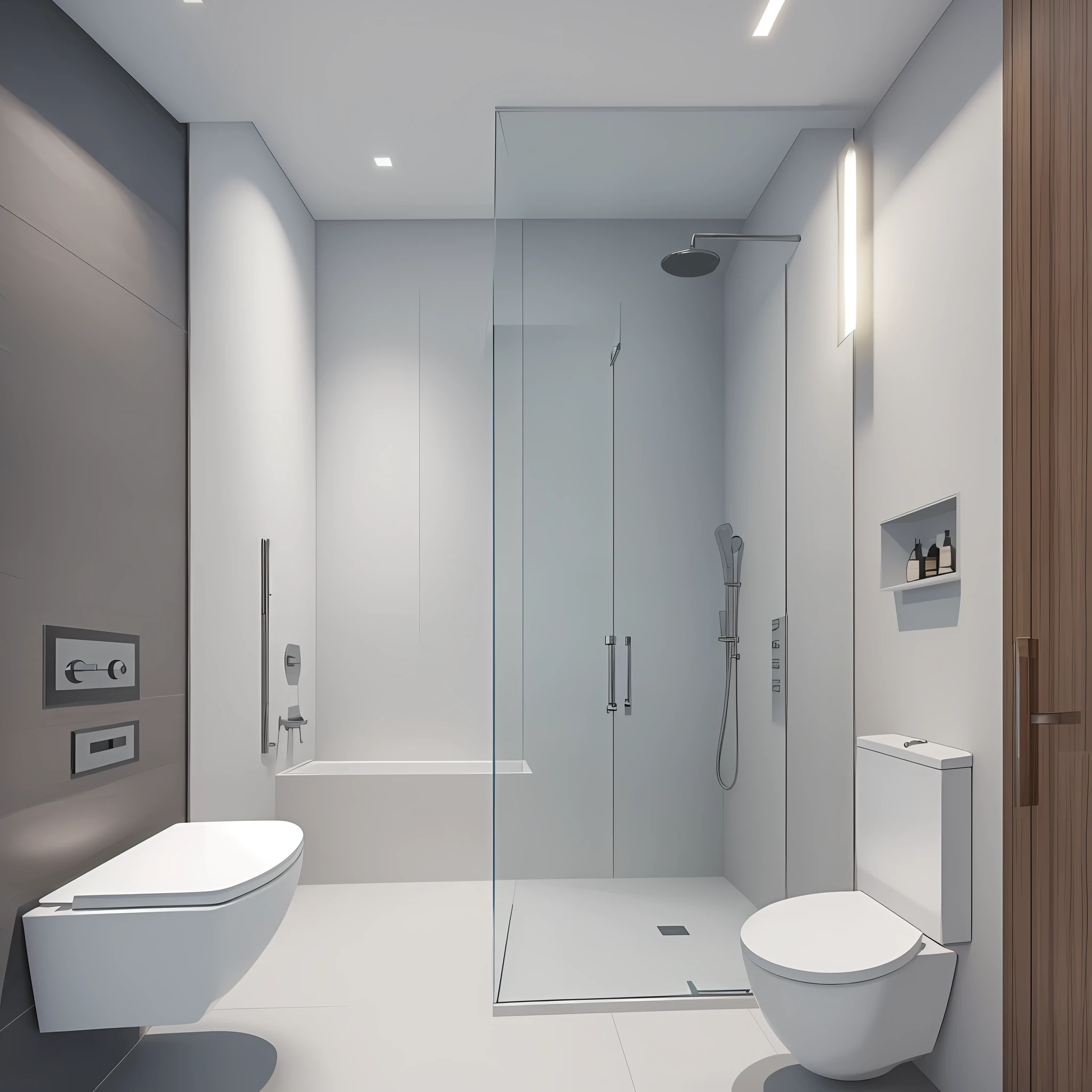 An absolutely stunning and highly detailed 16k ultra-realistic shower room with toilet awaits you! This masterpiece of modern interior design is professionally crafted and features a sleek and contemporary aesthetic that will leave you breathless.