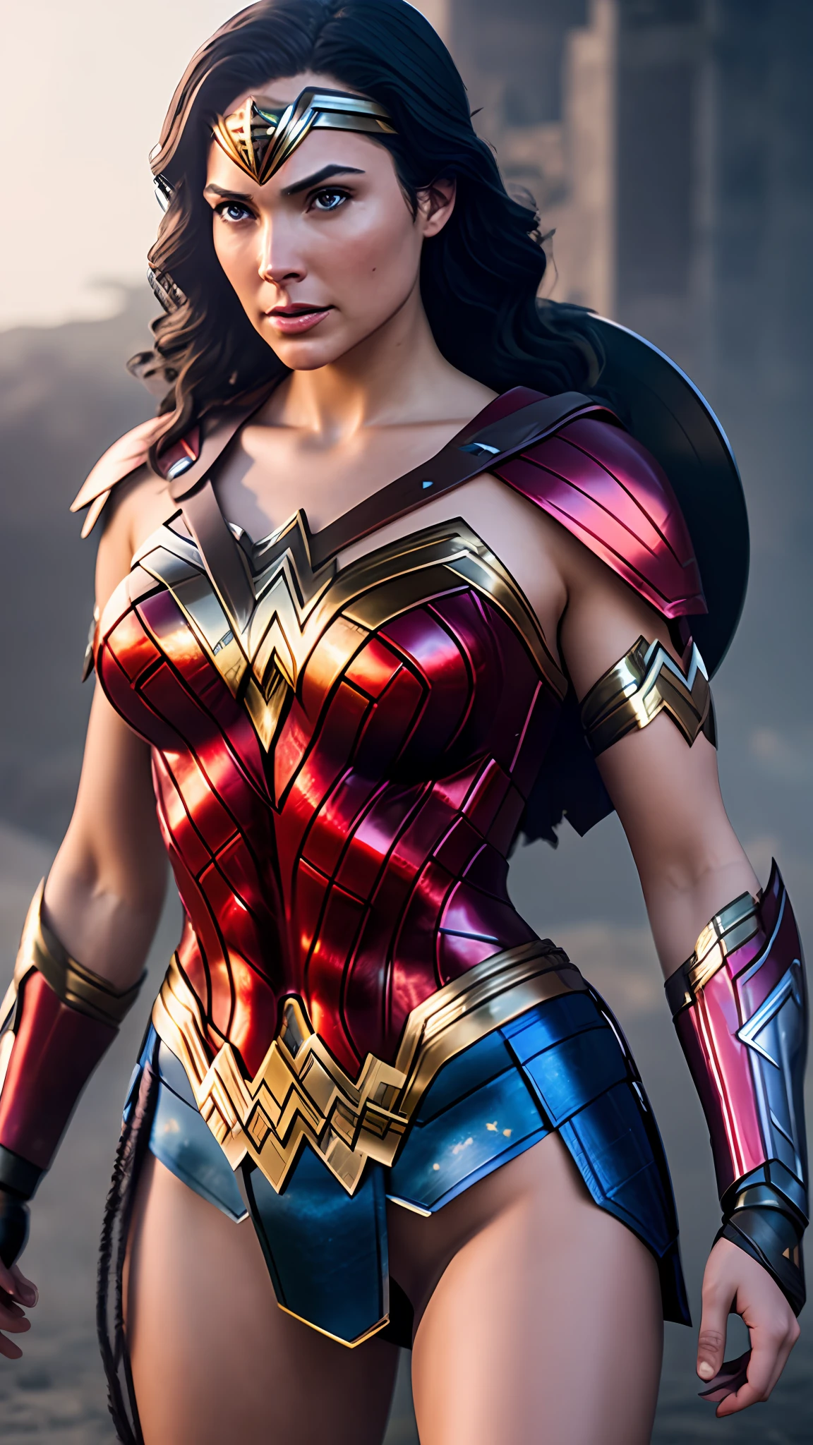 wonder woman, red and blue armor, photography, soft lighting, soft details, octane, artstation trending, ultra high detail, ultra realistic, cinematic,16k