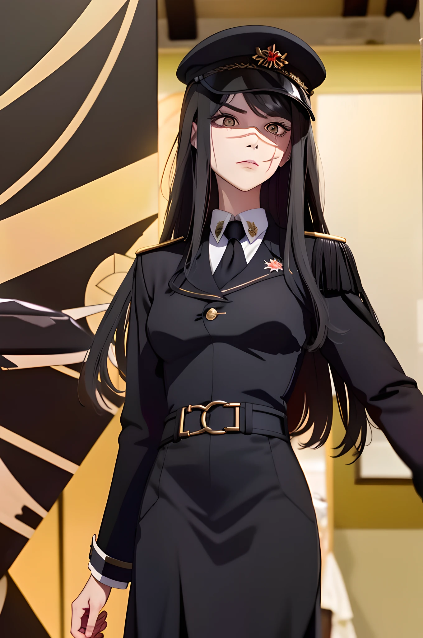 (masterpiece, best quality: 1.2), Solo, 1girl, Yoru \(Chainsaw Man\), evil look, looking at the viewer, yellow eyes, long hair, completely black hair, reference to clothing of a German WWII general, black long sleeves (best quality), scar on face, beautiful eyes, has only 2 arms, has war medals on his clothes,  Black military cap with a golden eagle, (wallpaper), (8K HD), (8K HD), golden shoulder pads,