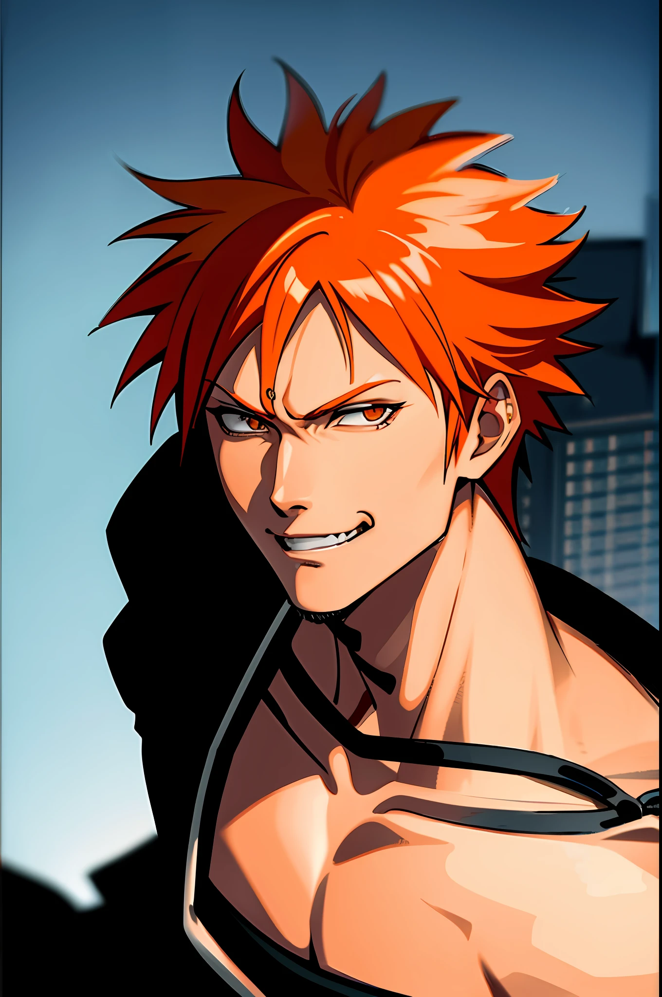 ichigo/Bleach/,short orange hair,black kimono,close up,ultra detailed face,best quality,city background