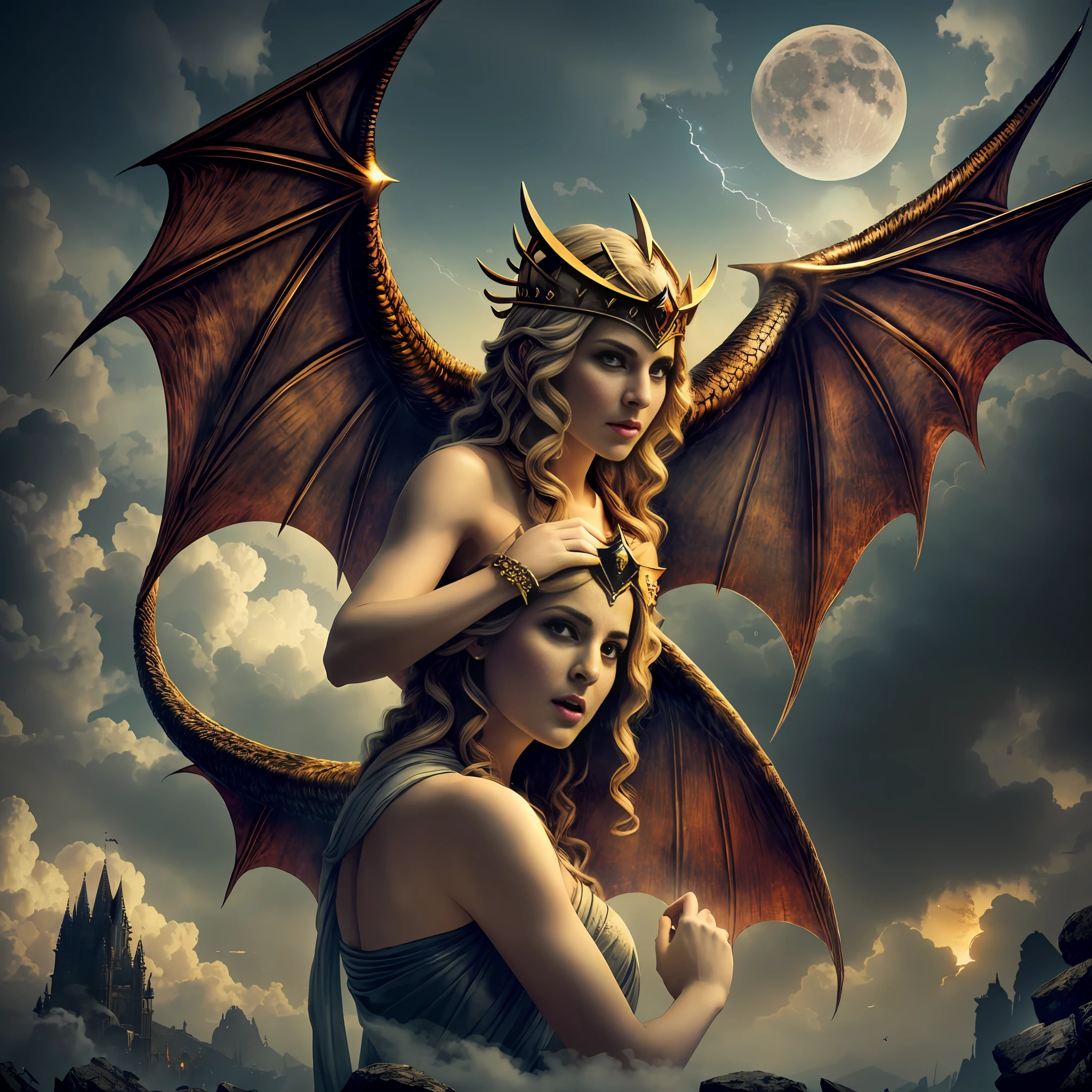 An extraordinary sign appeared in the sky: a woman clothed with the sun, with the moon under her feet and a crown of twelve stars on her head. She was pregnant and screaming in pain as she was about to give birth. Then another sign appeared in the sky: a huge red dragon with seven heads and ten horns, having on its heads seven crowns. His tail dragged with it a third of the stars in the sky, casting them into the earth. The dragon stood before the woman who was about to give birth, to devour her child the moment he was born. She gave birth to a son, a man, who will rule all nations with an iron scepter. His son was raptured to God and his throne. The woman fled into the wilderness, to a place that had been prepared for her by God, that there they might sustain her for one thousand two hundred and sixty days. There was then a war in the heavens. Michael and his angels fought the dragon, and the dragon and his angels fought back. But these were not strong enough, and so they lost their place in the heavens. The great dragon was cast out. He is the ancient serpent called the Devil or Satan, who deceives the whole world. He and his angels were cast to earth. Then I heard a strong voice from heaven, which said:
"Now has come the salvation, the power, and the kingdom of our God, and the authority of his Christ, for the accuser of our brethren has been cast out, who accuses them dian and of our God, day and night. They overcame him by the blood of the Lamb and by the word of the testimony they gave; in the face of death, they did not love life itself. Therefore, celebrate it, O heavens, and those who dwell in them! But woe to the land and the sea, for the Devil has come down to you! He is full of fury, for he knows he has left
little time." Cinematic shot in canon 5d ultra realistic skin,, fantasy magical horror atmosphere, (highly detailed environment:1.3), sharp focus, volumetric fog, 8k UHD, DSLR, high quality, grain film, very high quality RAW photography, detailed bac