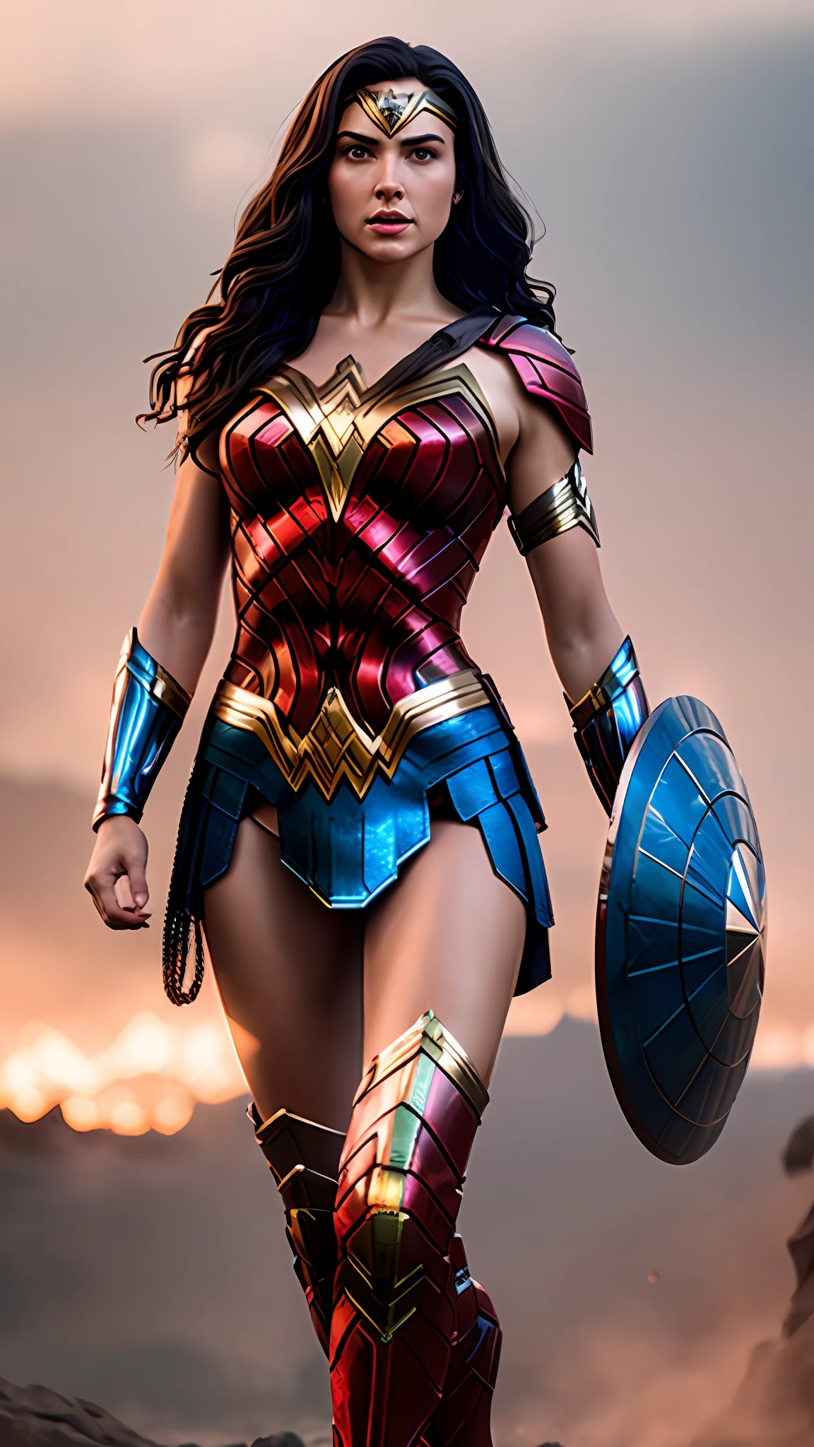wonder woman, red and blue armor, photography, soft lighting, soft details, octane, artstation trending, ultra high detail, ultra realistic, cinematic,16k