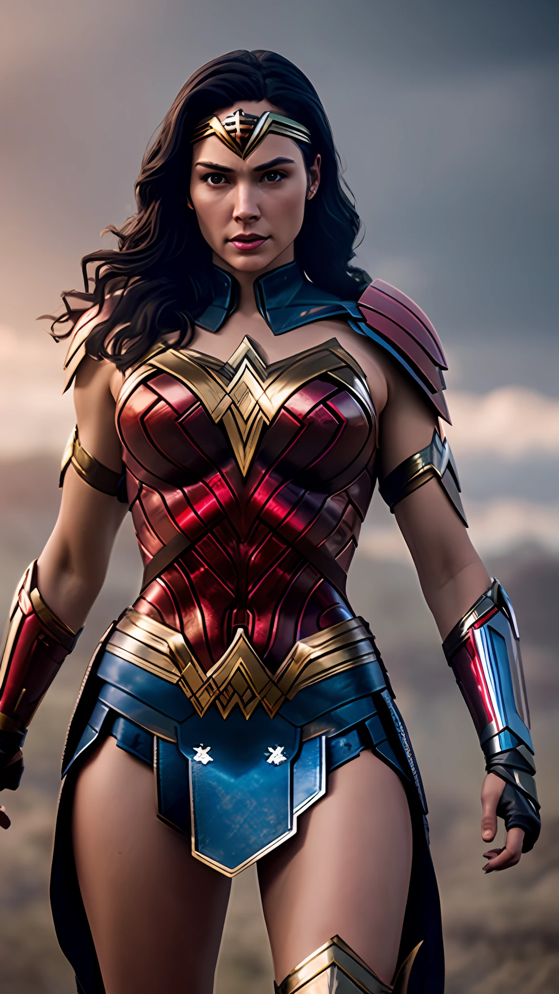 wonder woman, red and blue armor, photography, soft lighting, soft details, octane, artstation trending, ultra high detail, ultra realistic, cinematic,16k