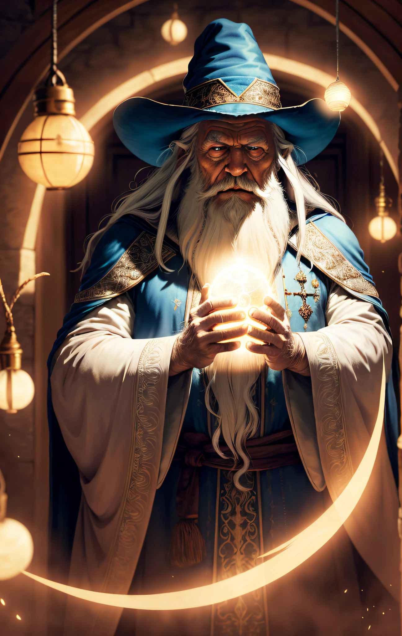 (Masterpiece:1.2), (Best Quality), Detailed, UHD, Cinematic Lighting, sharp focus, (illustration:1.1), intricate, Old Wizard with long white hair and beard, wearing a wizard's robe and hat, pondering a glowing orb, in a dimly lit room, magician's room, glowing lights, flickering lights,