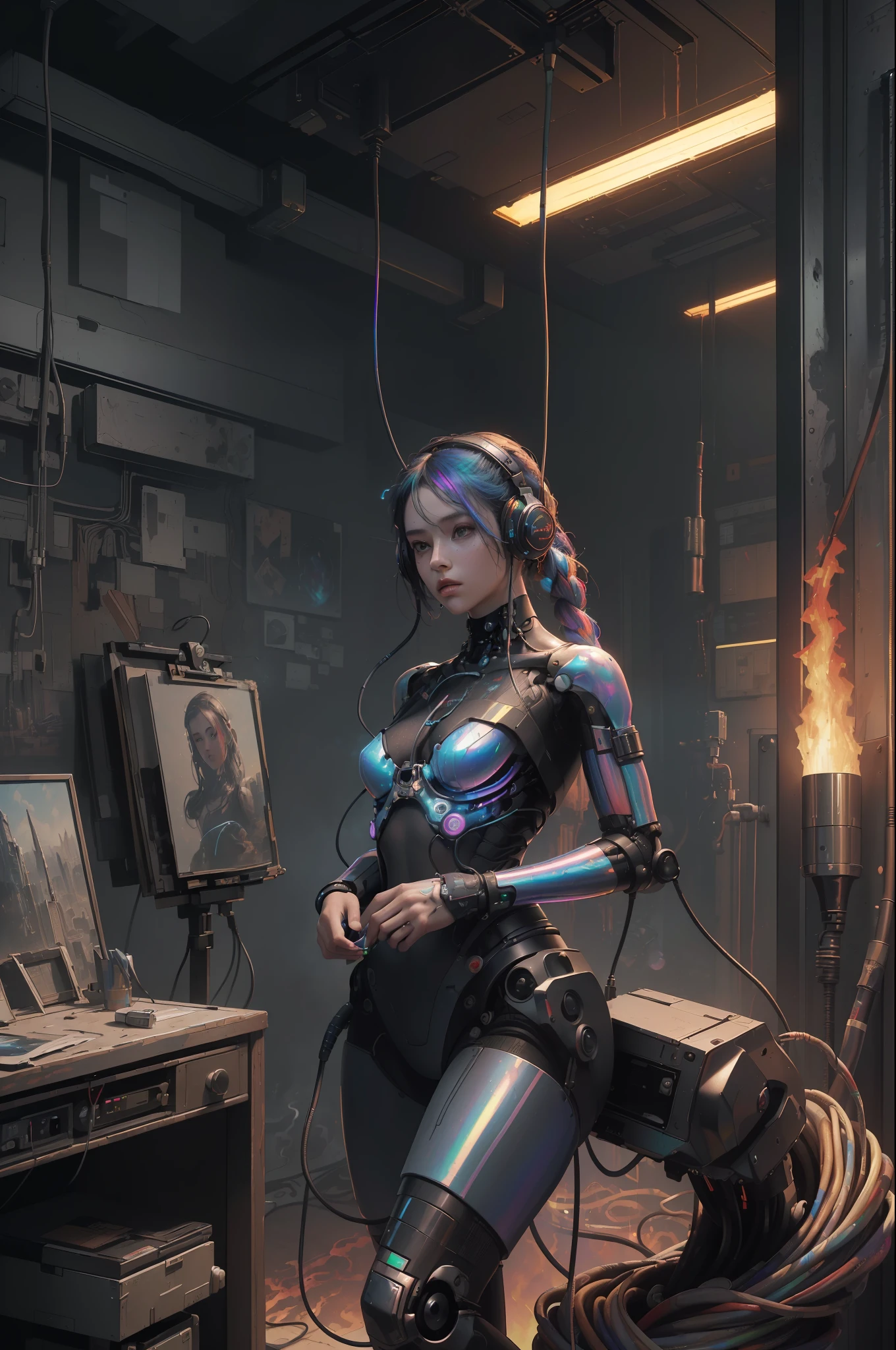 (masterpiece, best quality, highres, absurdres, detailed:1.2), humanoid, robot, wearing headphones, looking away, (cyberpunk, art canvas, paint brush, easel, iridescent, holographic: 1.6), (cables, wires, flames, fire, smoke, overheat, explosion, indoors, room, simple background)