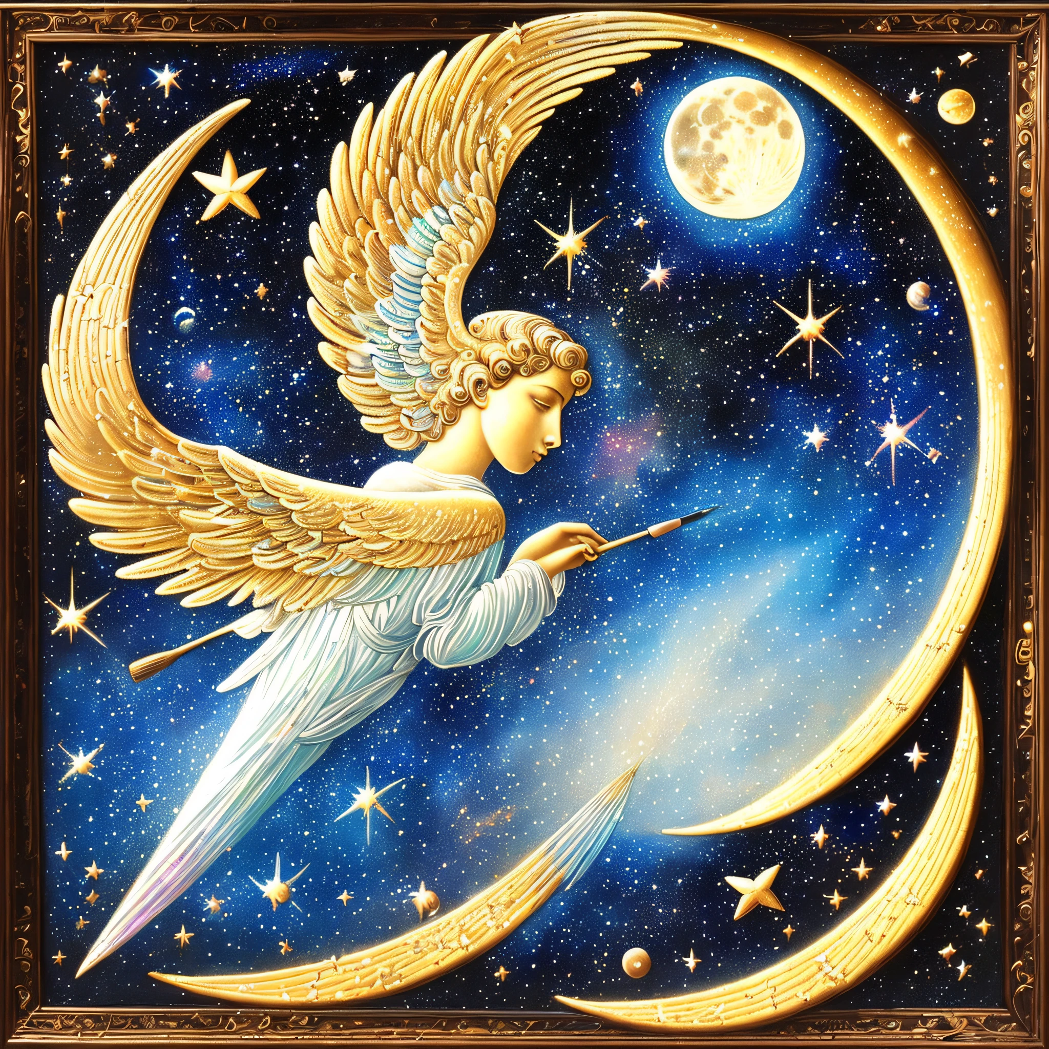 (Masterpiece, Best Quality, High Resolution, Absurdity, Detail: 1.2), Angel, Goddess, Wings of an Angel on the Back, Look Away, Vintage Frame, (Paintbrush, Easel, Iridescent, Holographic: 1.6), (Universe, Moon, Celestial Body, Planet, Star, Milky Way Galaxy)