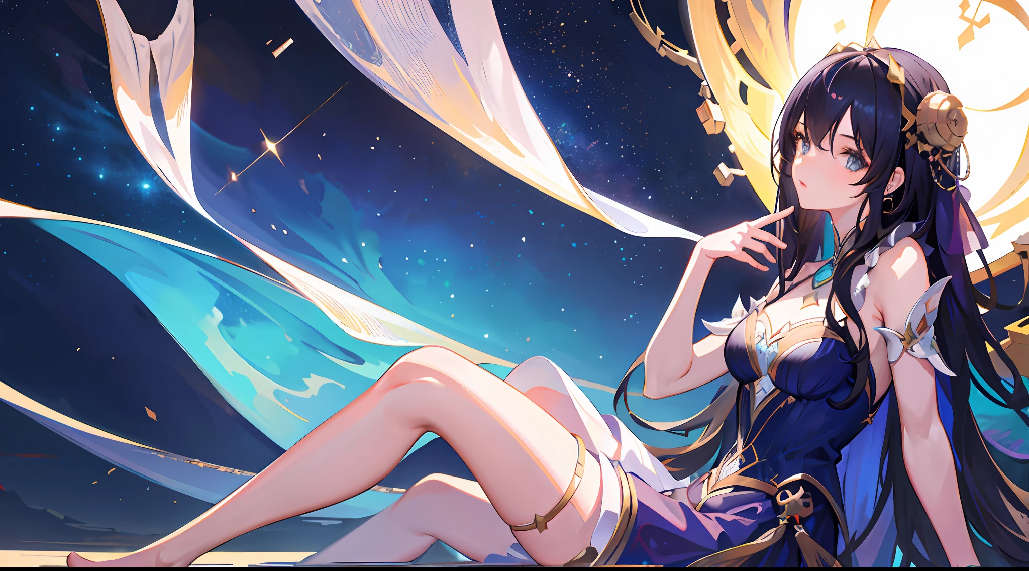 1girl, sitting, thighs, beautiful and delicate girl, long dress, bare shoulders, from below, from side, starry sky, highres, 4K, 8k, HD, best quality, high quality, high details, anatomically correct, masterpiece