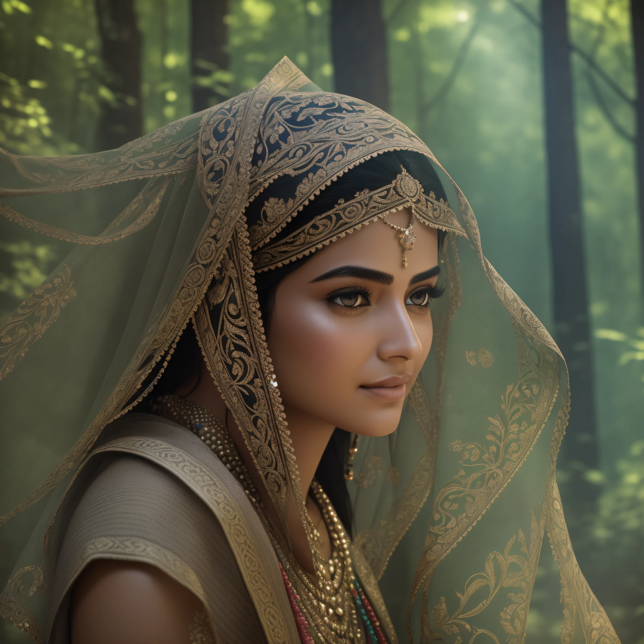 Portrait of an Indian villager at a meeting in the forests of Himachal Pradesh, cinematic, photo shoot, shot on 25mm lenses, Depth of Field, Tilt Blur, Shutter Speed 1/1000, F/22, White Balance, 32k, Super-Resolution, Pro Photo RGB, Half rear Lighting, Backlight, Dramatic Lighting, Incandescent, Soft Lighting, Volumetric, Conte-Jour , Global lighting, Global screen space lighting, Scattering, Shadows, Harsh, Sparkling, Lumen reflections, Screen space reflections, Diffraction gradation, Chromatic aberration, GB shift, Scan lines, Ambient occlusion, Anti-aliasing, FKAA, TXAA, RTX, SSAO, OpenGL-Shader's, Post-processing, Post-production, Cell Shading, Tone Mapping, CGI, VFX, SFX, insanely detailed and intricate, hyper maximalist, elegant, dynamic pose, photography, volumetric, ultra-detailed, intricate details, super detailed, Environment –uplight –V 4 –Q 2