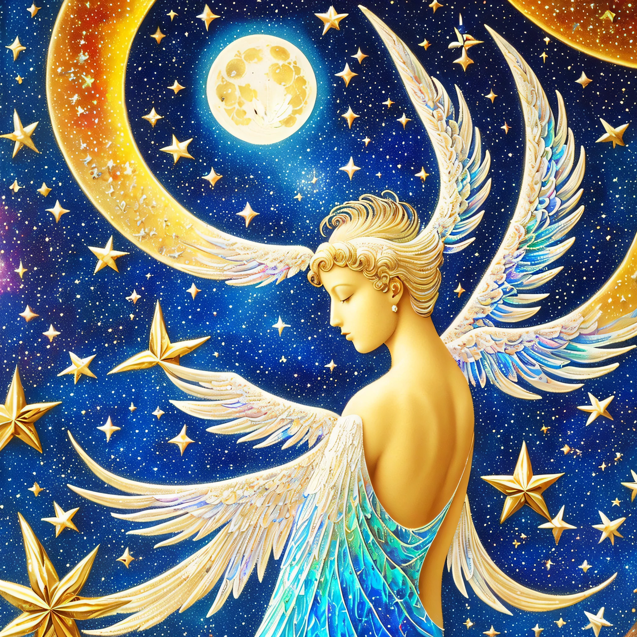 (Masterpiece, Best Quality, High Resolution, Absurdity, Detail: 1.2), Angel, Goddess, Wings of an Angel on the Back, Look Away, Vintage Frame, (Paintbrush, Easel, Iridescent, Holographic: 1.6), (Universe, Moon, Celestial Body, Planet, Star, Milky Way Galaxy)