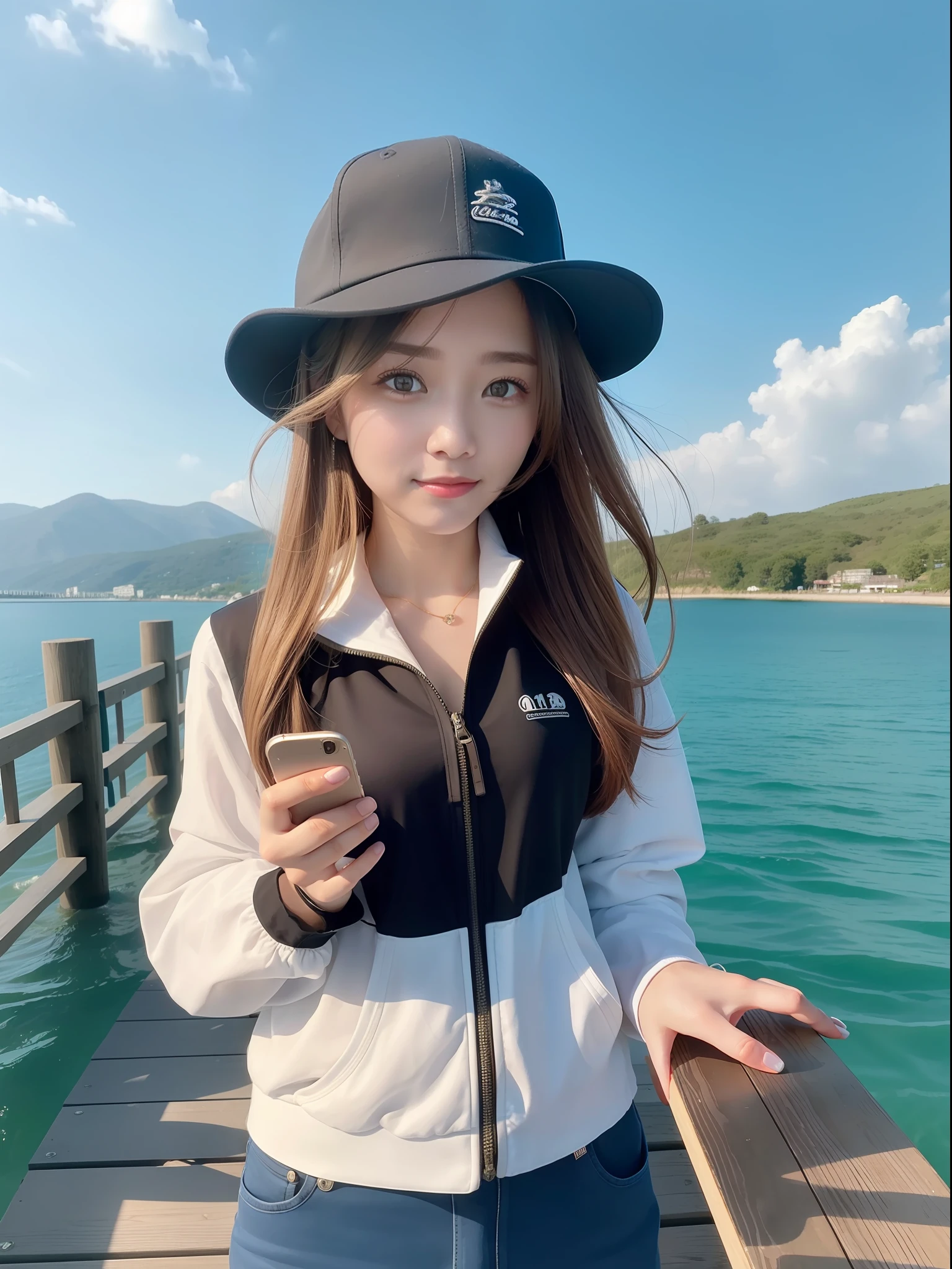 beautiful woman, fiddling with mobile phone, standing on a pier by the lake, distant shot, (masterpiece: 1.1), (best quality: 1.1), life jacket, fishing, long hair, sideways, baseball cap