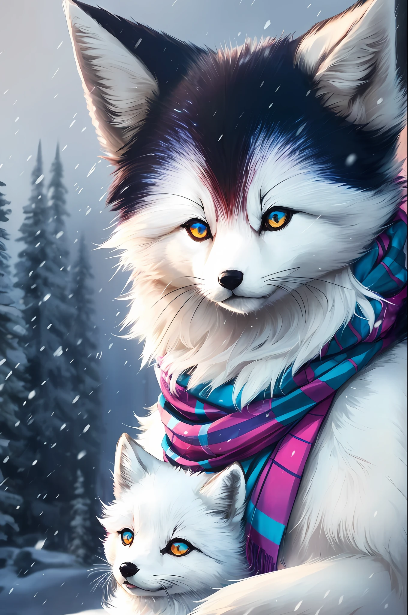 Style-NebMagic, portrait of Ismail Inceoglu, Gazelli, James jean, Anton Fadeev and Yoshitaka Amano, a fluffy cute Arctic fox wearing a Style-SylvaMagic scarf in the snow, very detailed, 8k resolution, digital art, trending on artstation, Vibrant Colours, Chibi style, masterpiece, adorable friendly lovely --auto --s2