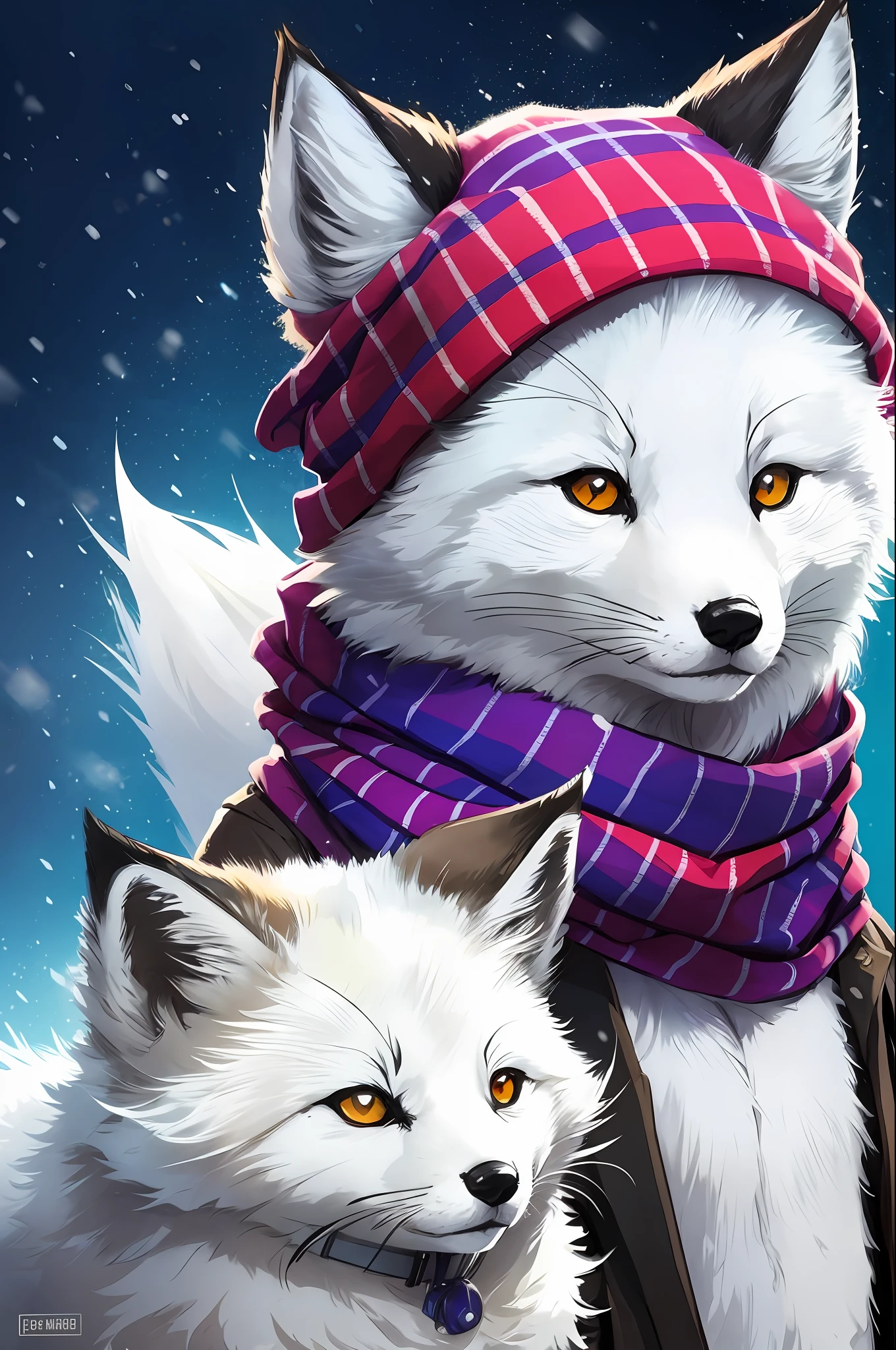 Style-NebMagic, portrait of Ismail Inceoglu, Gazelli, James jean, Anton Fadeev and Yoshitaka Amano, a fluffy cute Arctic fox wearing a Style-SylvaMagic scarf in the snow, very detailed, 8k resolution, digital art, trending on artstation, Vibrant Colours, Chibi style, masterpiece, adorable friendly lovely --auto --s2