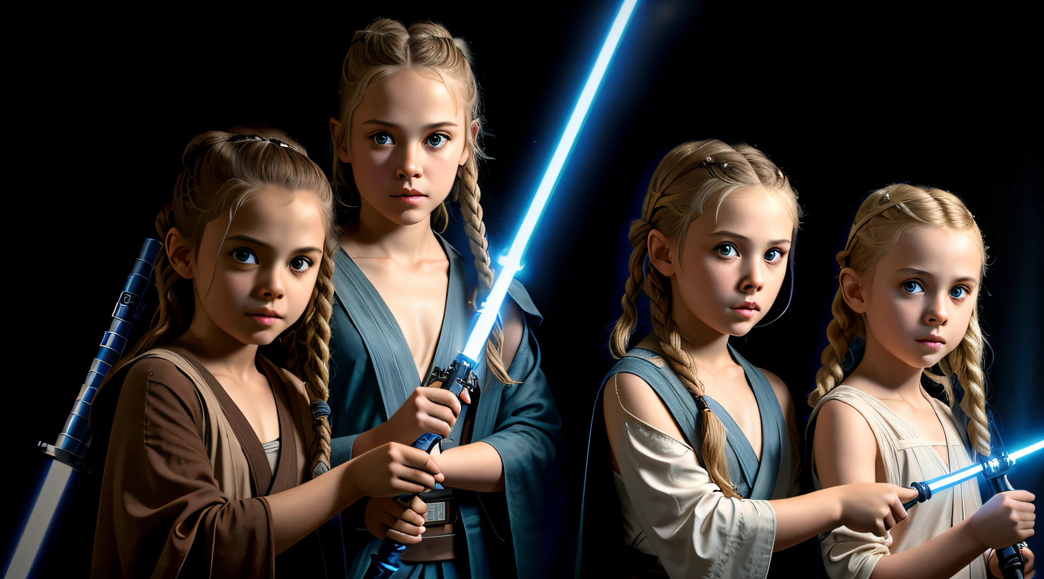 3 GIRLS Russian  with 10 yearsONG STRAIGHT BLONDE HAIR WITH BRAIDS, PORTRAIT STYLE, CLOSE UP, , holding two Lightabents in their hands, LightSaber wallpaper, with lightsaber sword, Jedi with lightsaber, holding a blue lightsaber, with lightsaber, holding a 4K lightsaber, holding a Lightabre. Splash Art, HD Star Wars Photo, Jedi Knight, Blue Lightsaber, Holding Laser Swords